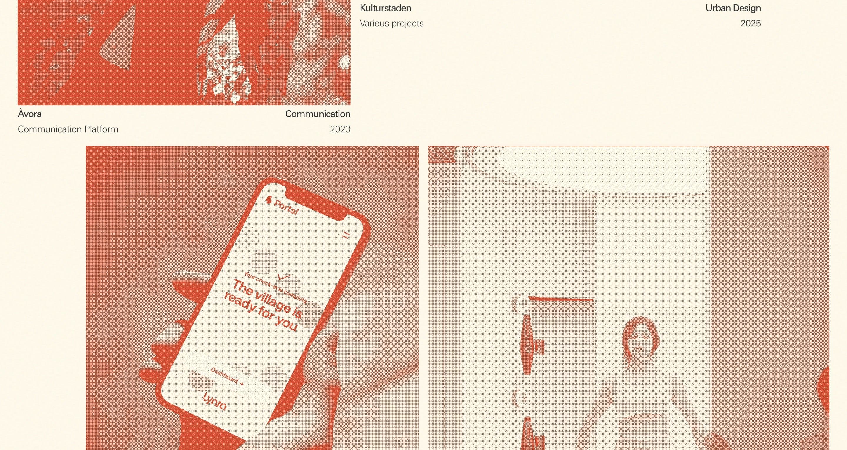 The work grid on studiohugo.se, red duotone images of the Lynra app in a hand and a woman in a doorway