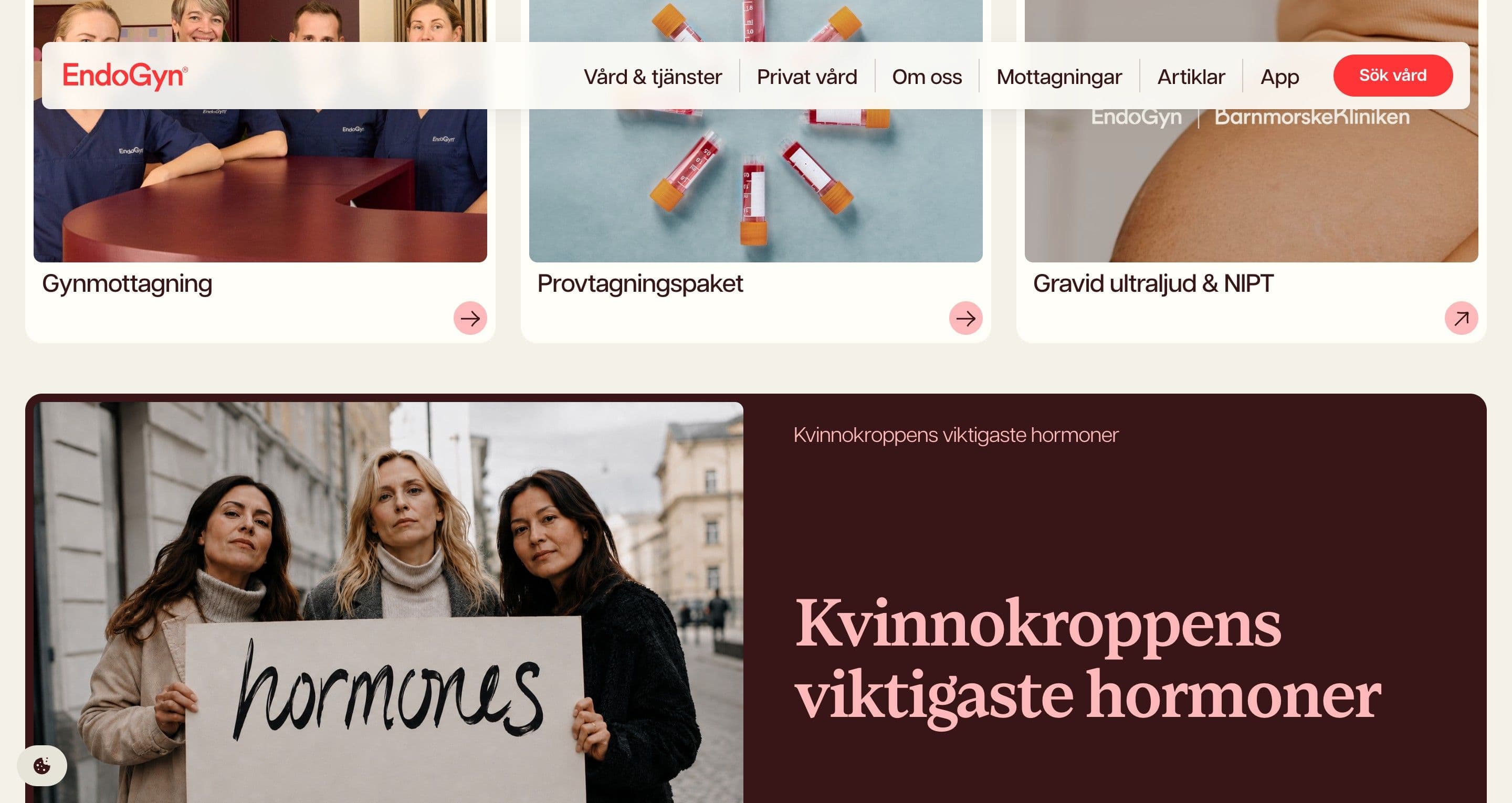 The hormones feature on endogyn.se, three women holding a hormones sign beside a burgundy panel