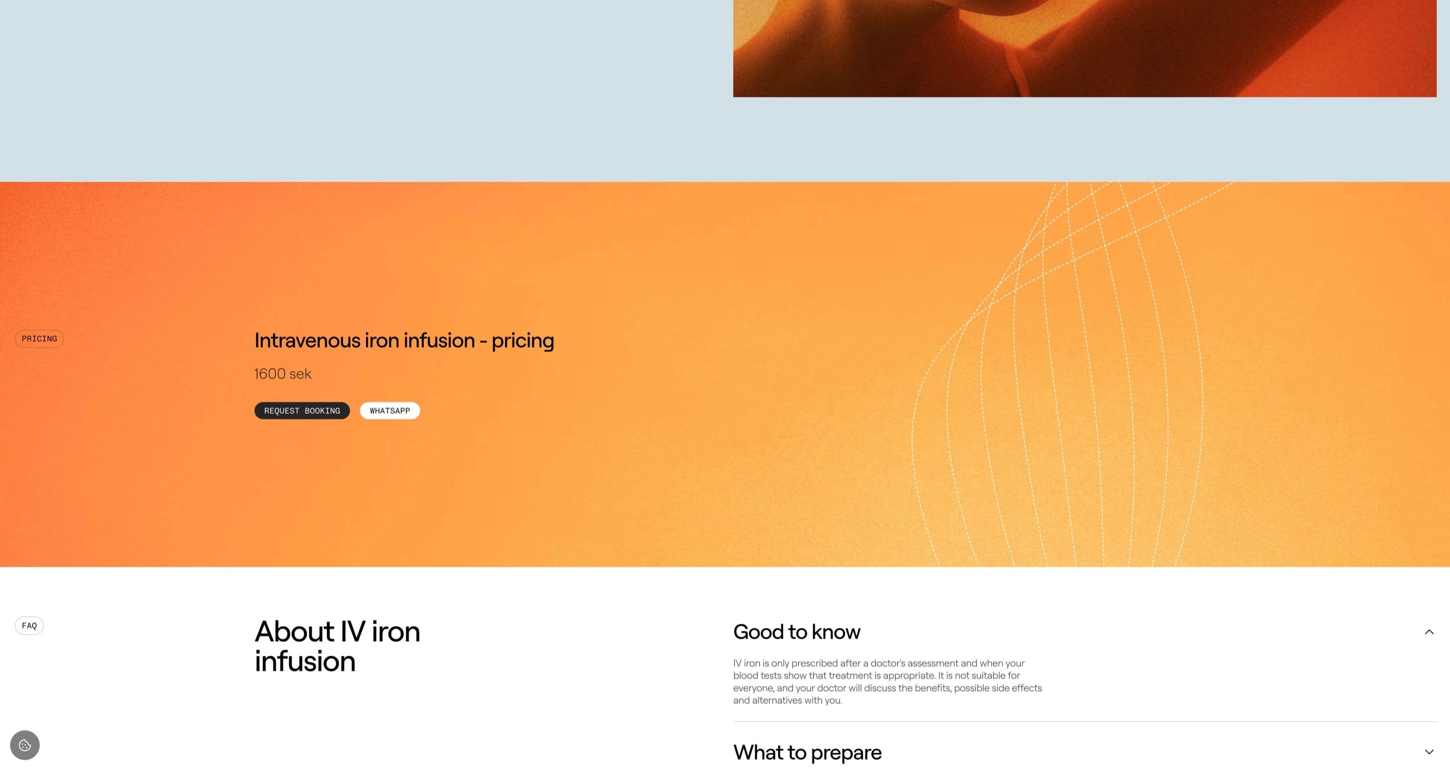 The pricing section for IV iron infusion on endohealth.se, on an orange gradient with booking buttons above an FAQ