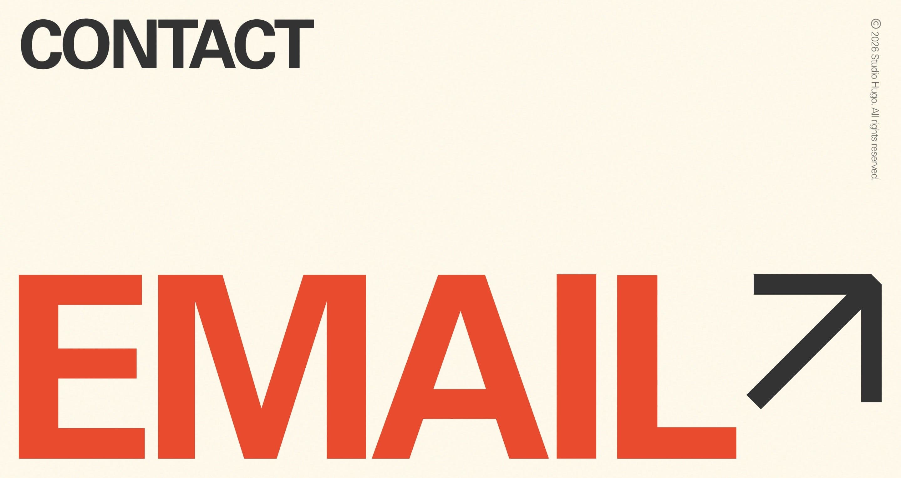 The contact section on studiohugo.se, a huge orange EMAIL wordmark with a black arrow on cream