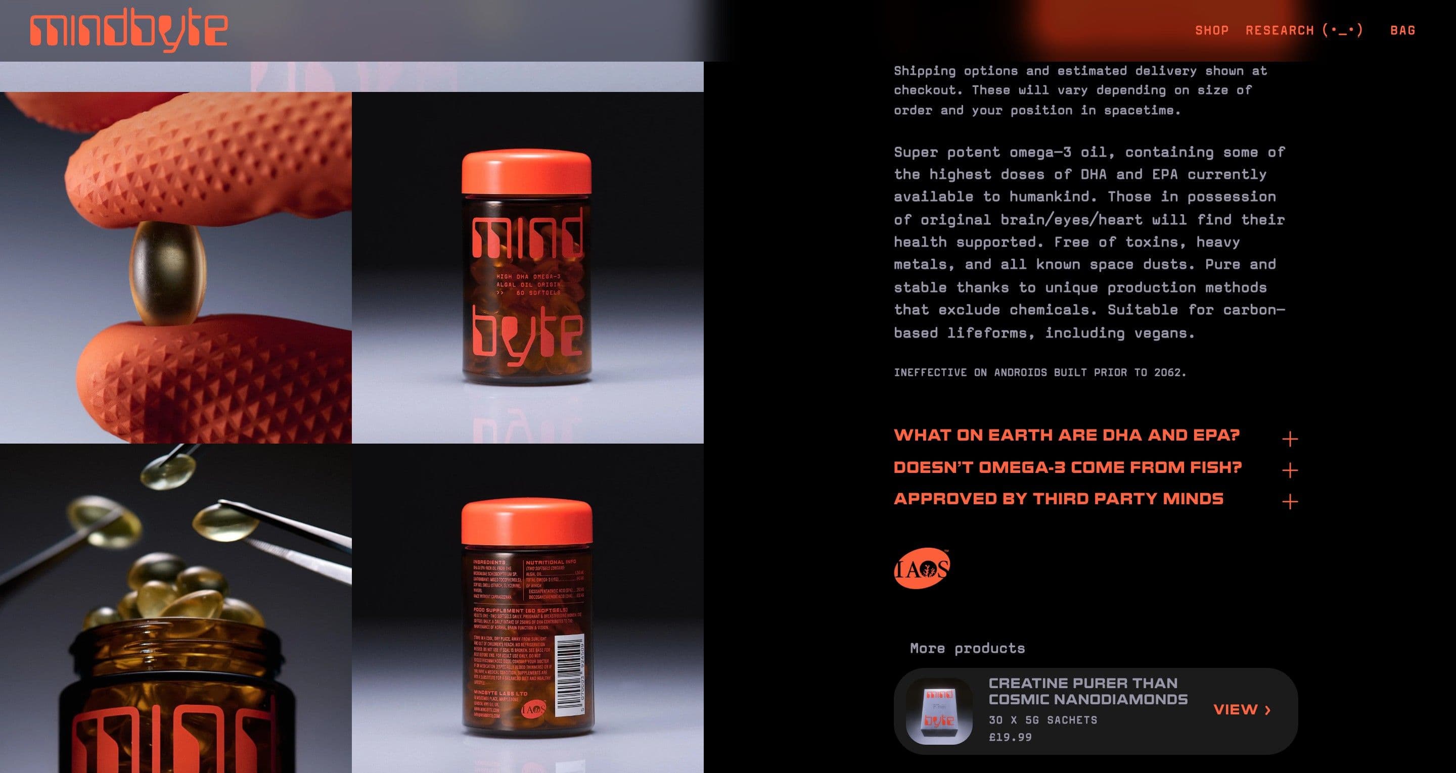 The omega-3 product page on mindbyte.com, a gloved hand holding a softgel beside jars of capsules