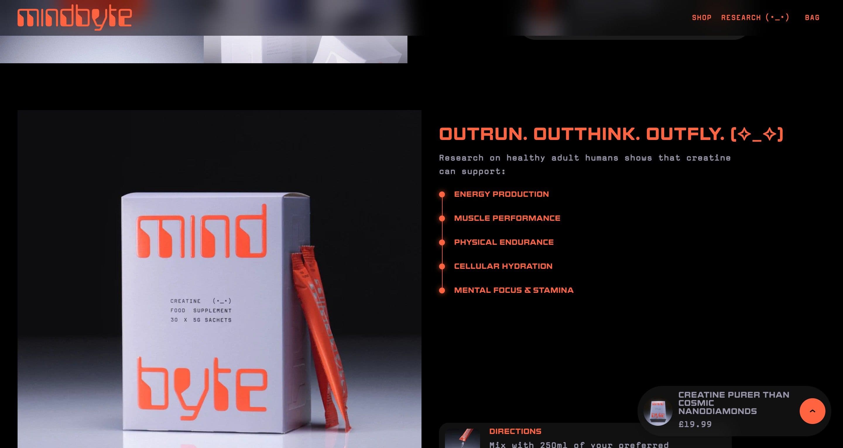 The creatine product page on mindbyte.com, the box and red sachets beside a list of benefits