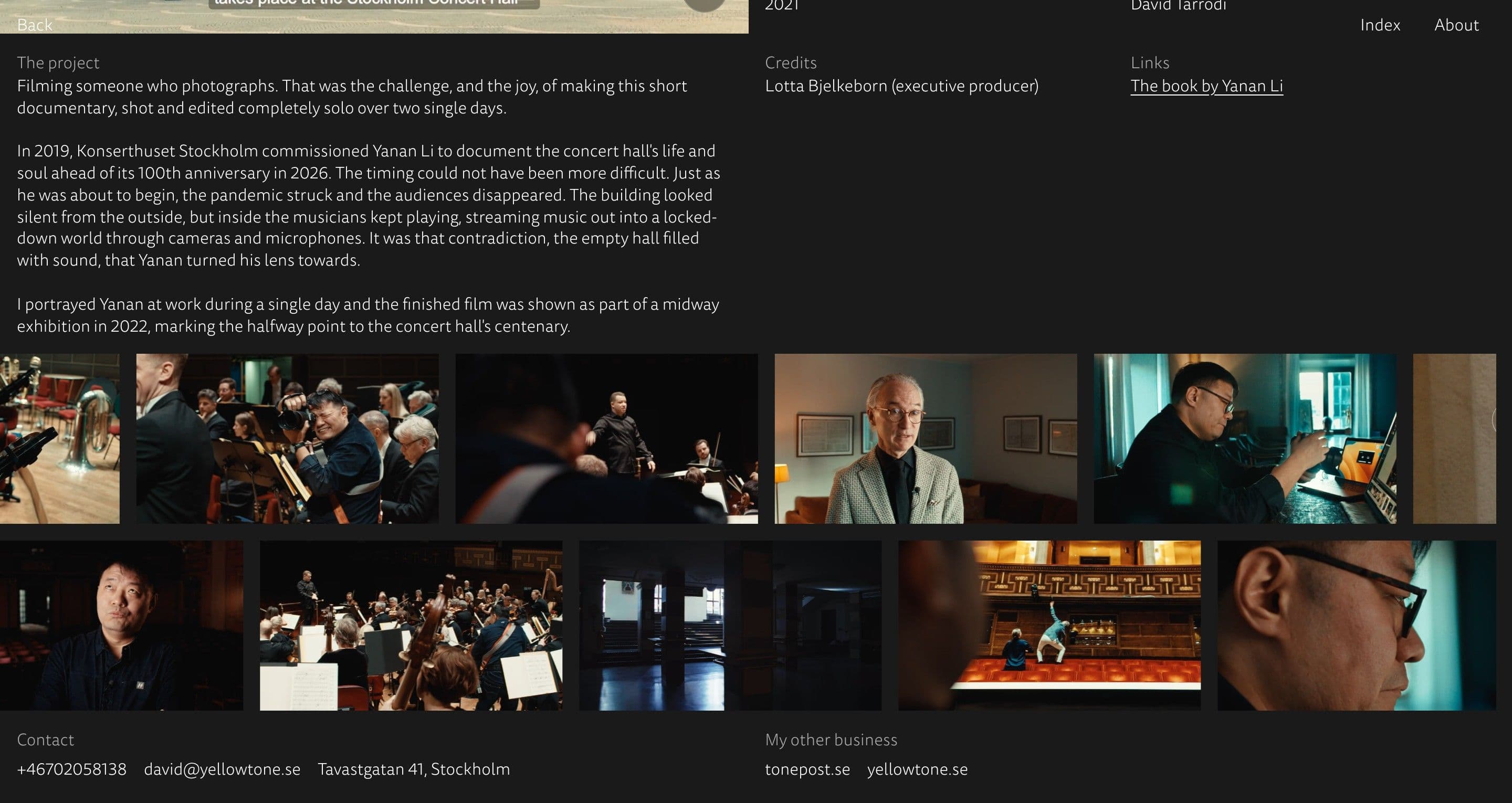 The Red Heart project page on davidtarrodi.se, a grid of concert hall and orchestra stills