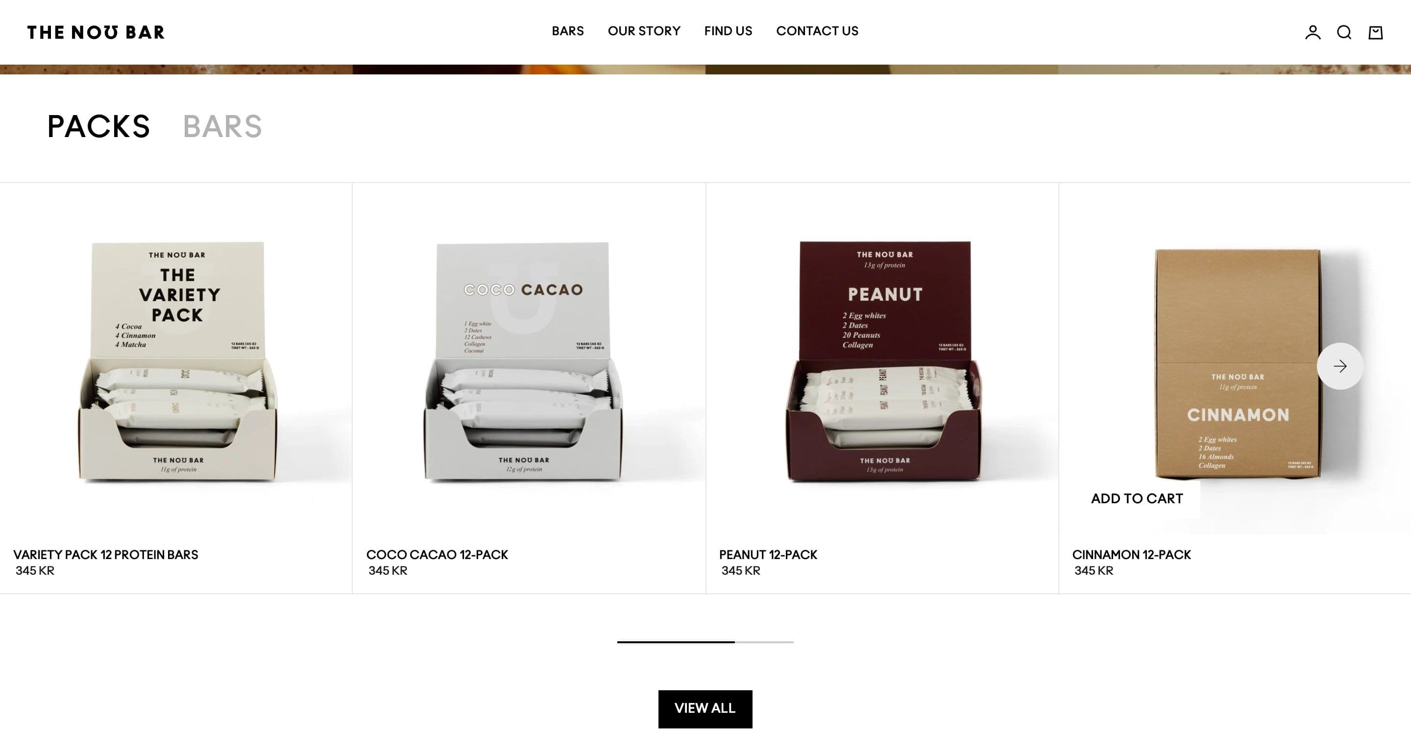 The packs carousel on thenobar.com, 12-pack boxes of variety, cacao, peanut and cinnamon bars