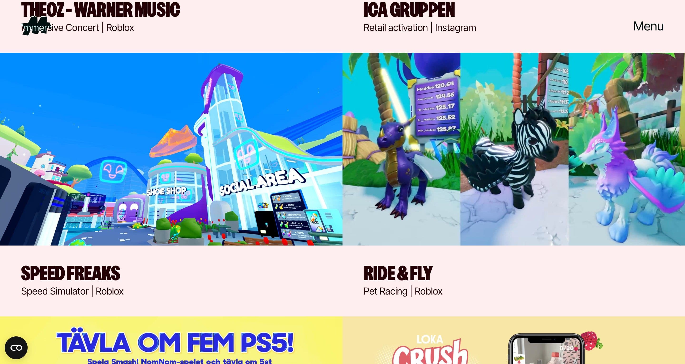 The work page on maddox.gg, case cards for Speed Freaks and Ride & Fly with colourful game scenes