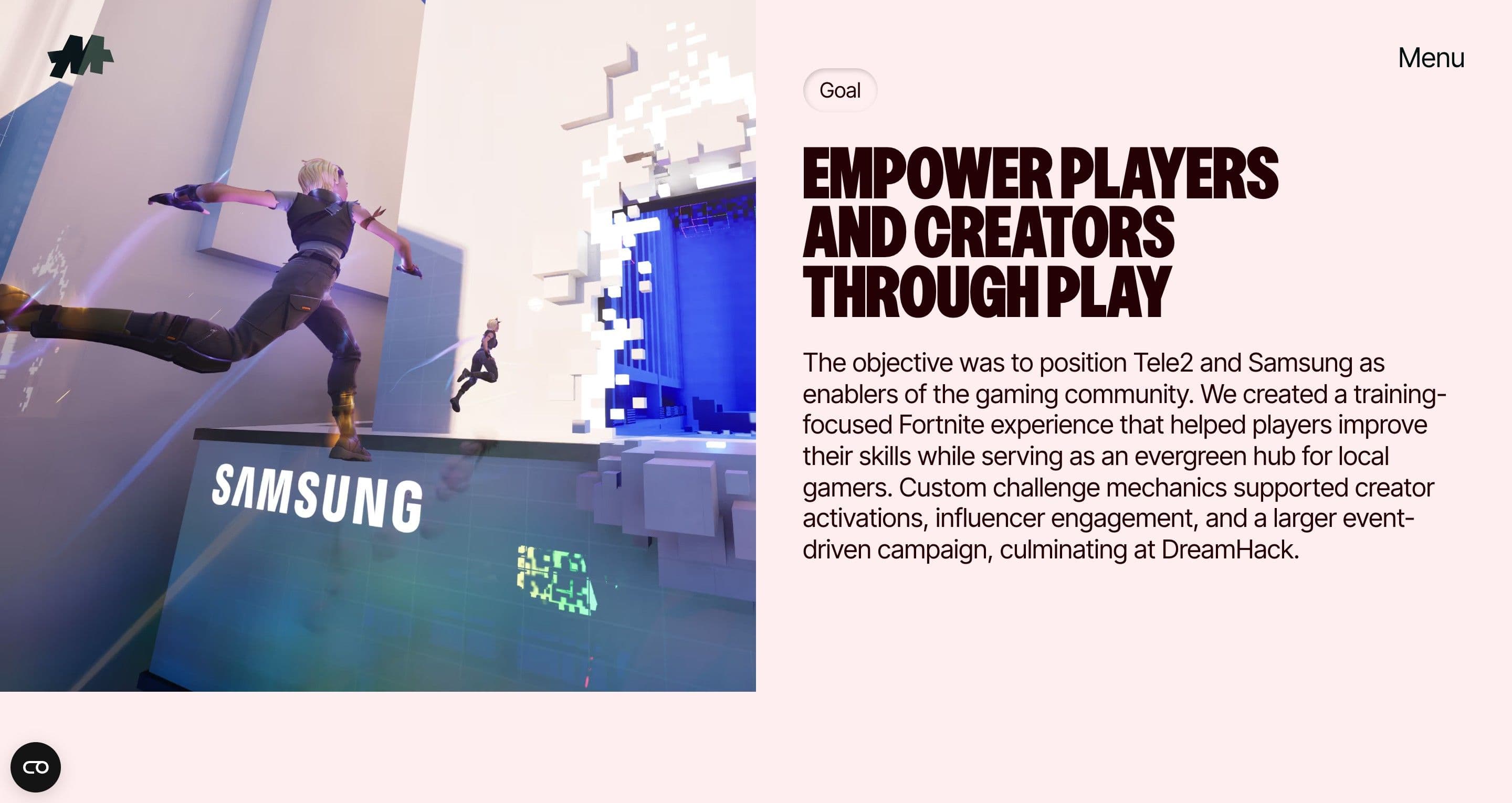 The Tele2 x Samsung case on maddox.gg, a Fortnite player leaping over a Samsung-branded rooftop