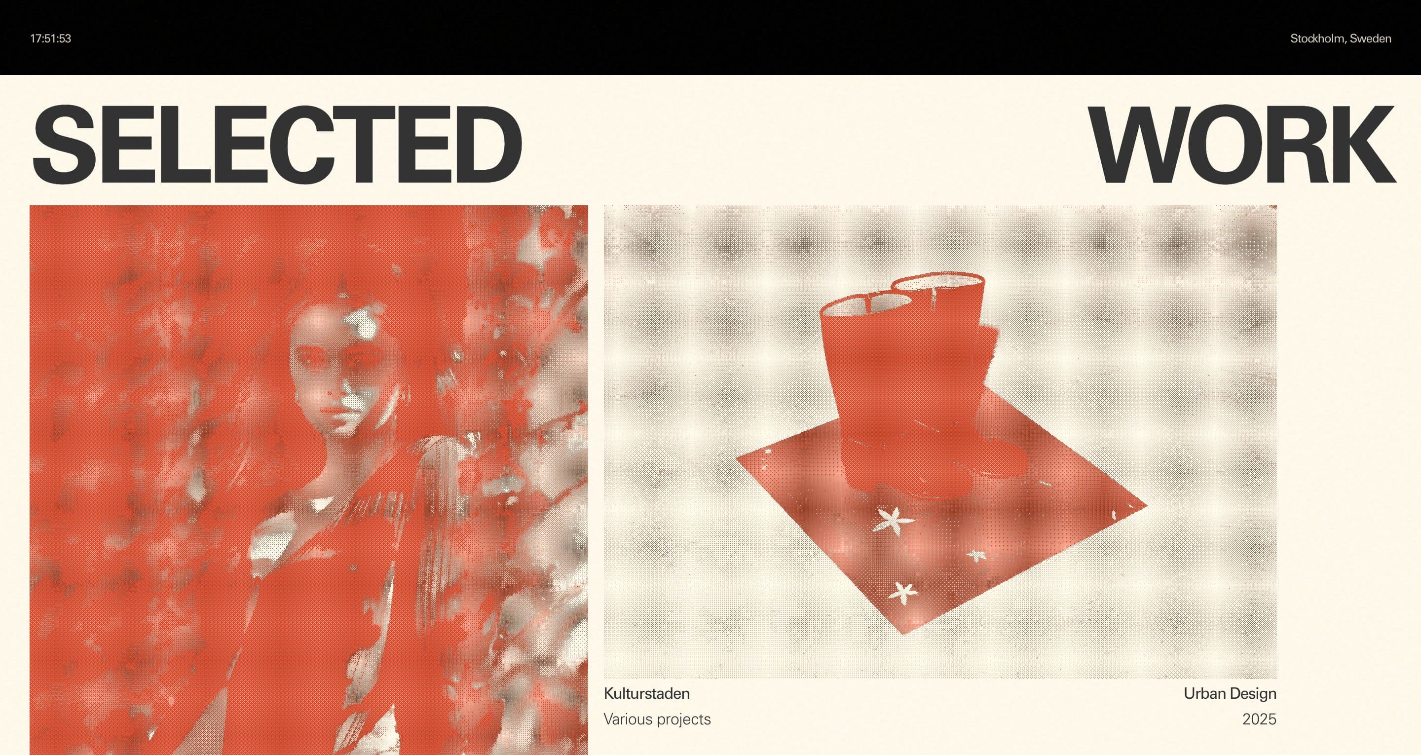 The selected work section on studiohugo.se, red duotone images of a woman against ivy and boots on a starred rug