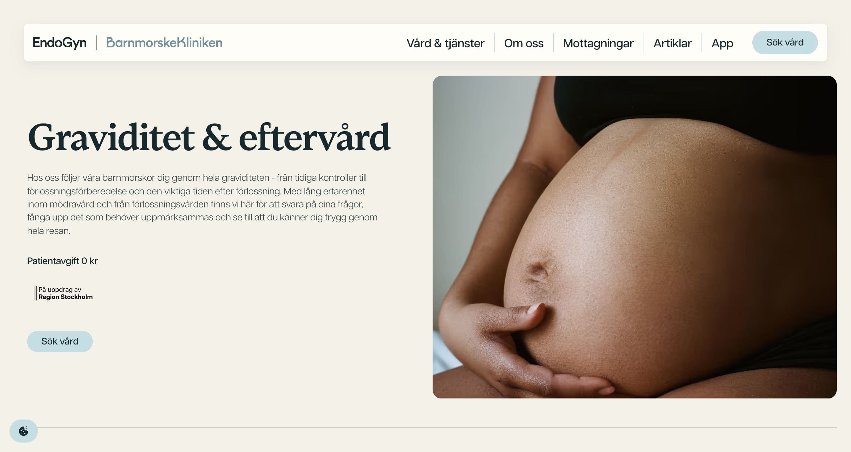 The pregnancy and aftercare page on barnmorskekliniken.se, the headline beside a close-up of hands cradling a pregnant belly