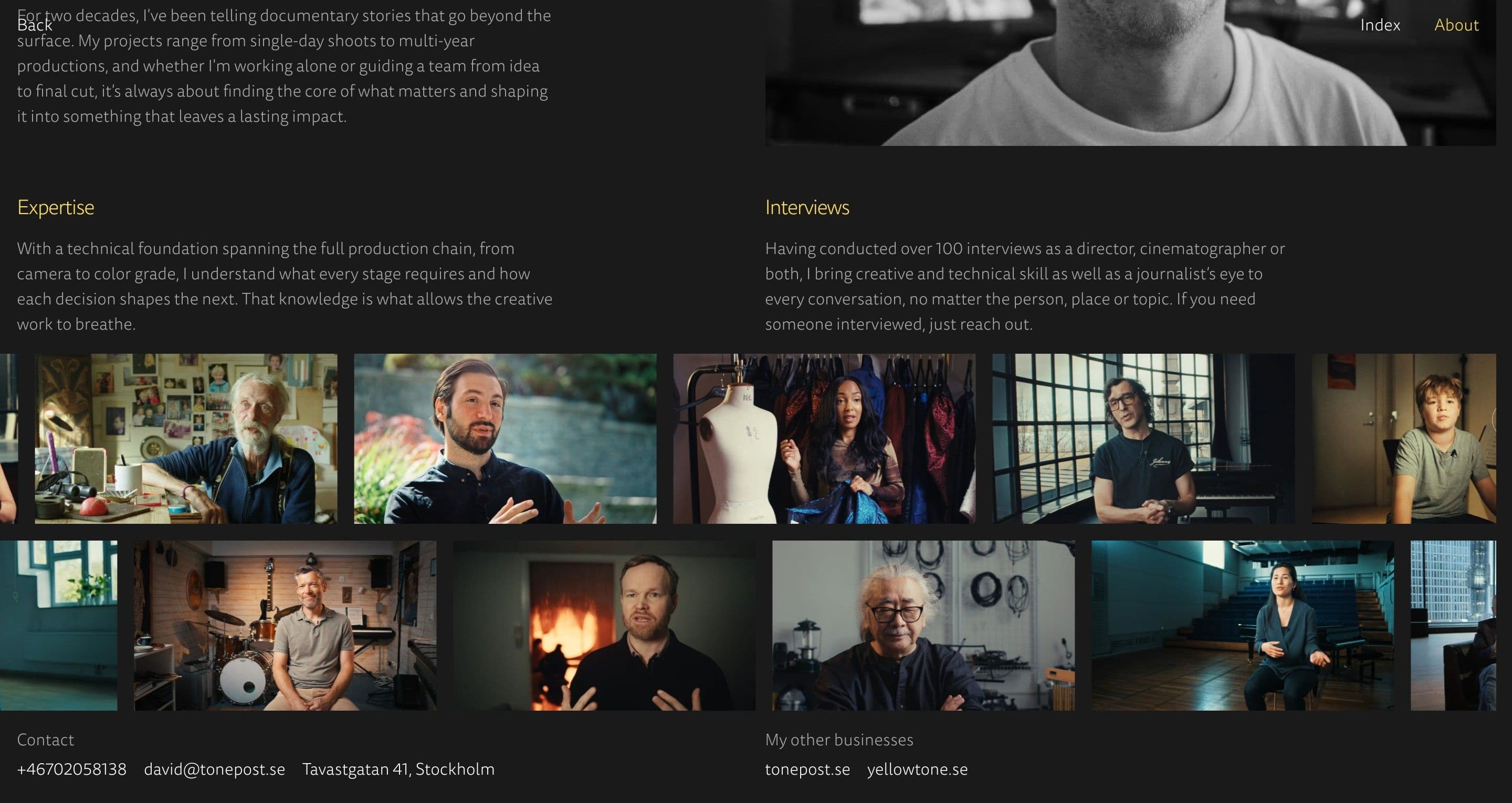 The about page on davidtarrodi.se, a grid of interview stills under the expertise and interviews columns