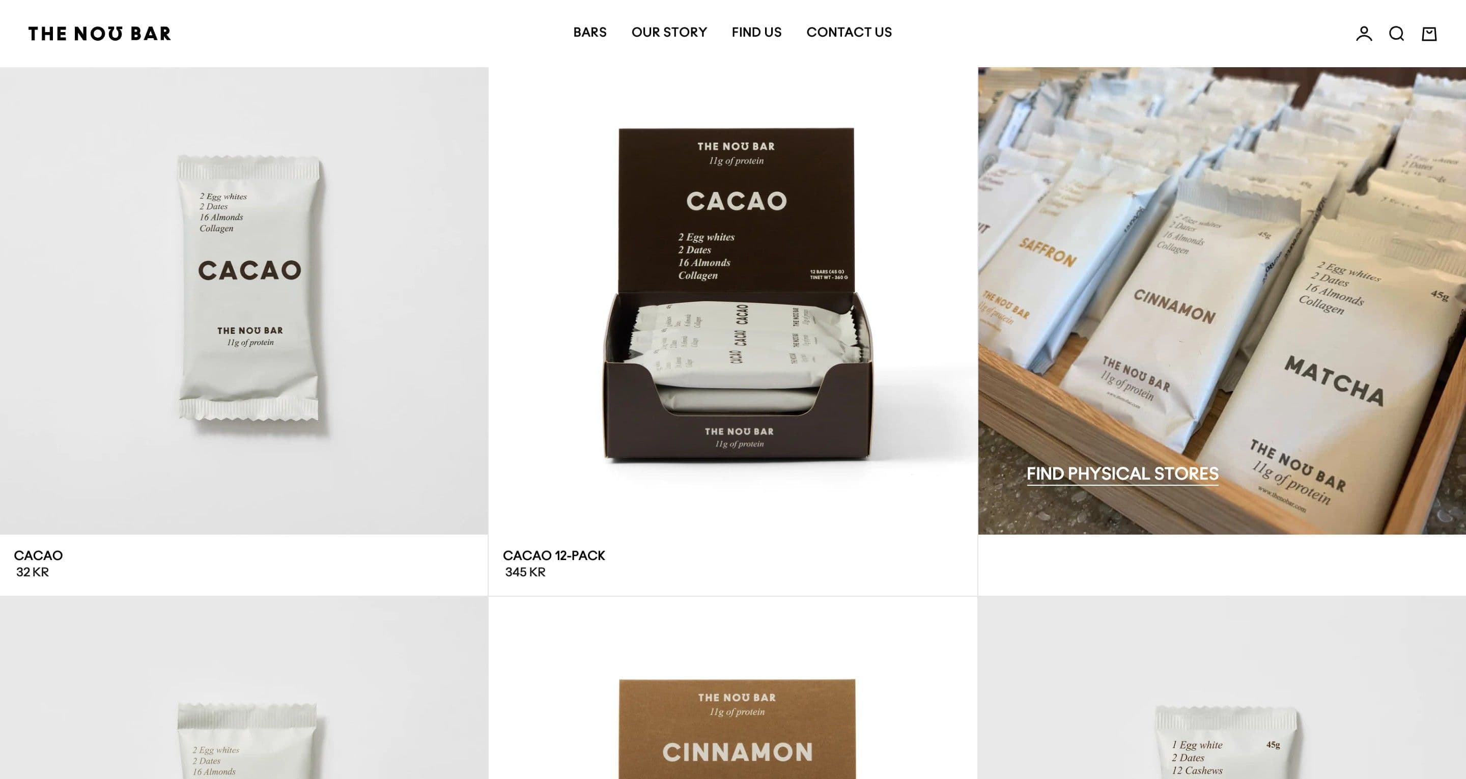The product grid on thenobar.com, a cacao bar, a cacao 12-pack and a shelf of wrapped bars