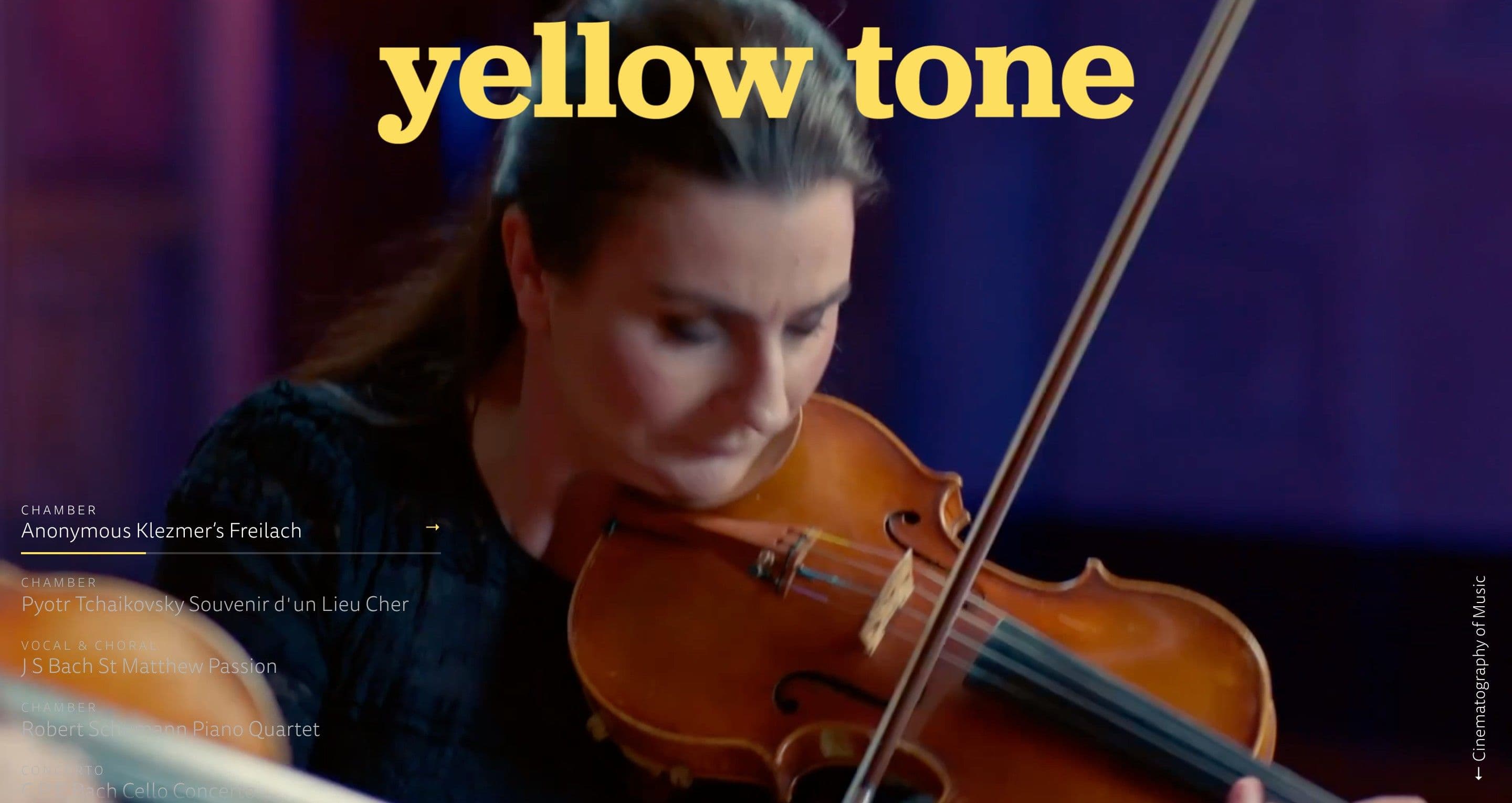 The home page on yellowtone.se, with a violinist playing under purple light behind the concert list