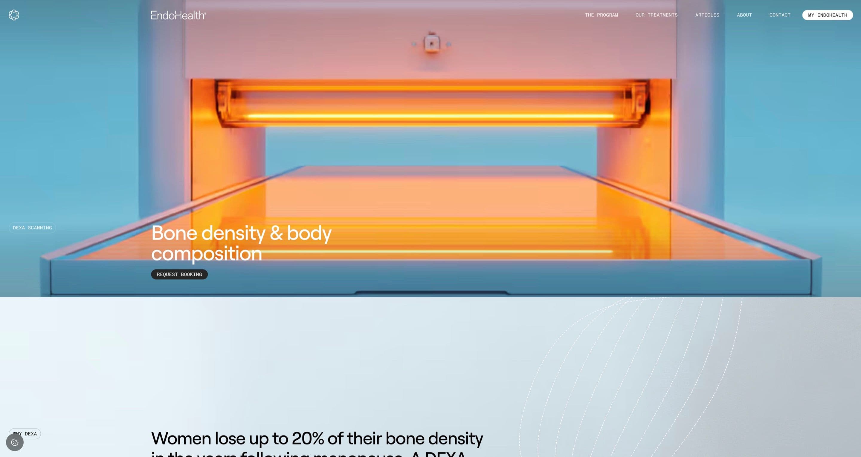 The DEXA scanning hero on endohealth.se, a close-up of the scanner’s orange glow under the headline bone density & body composition