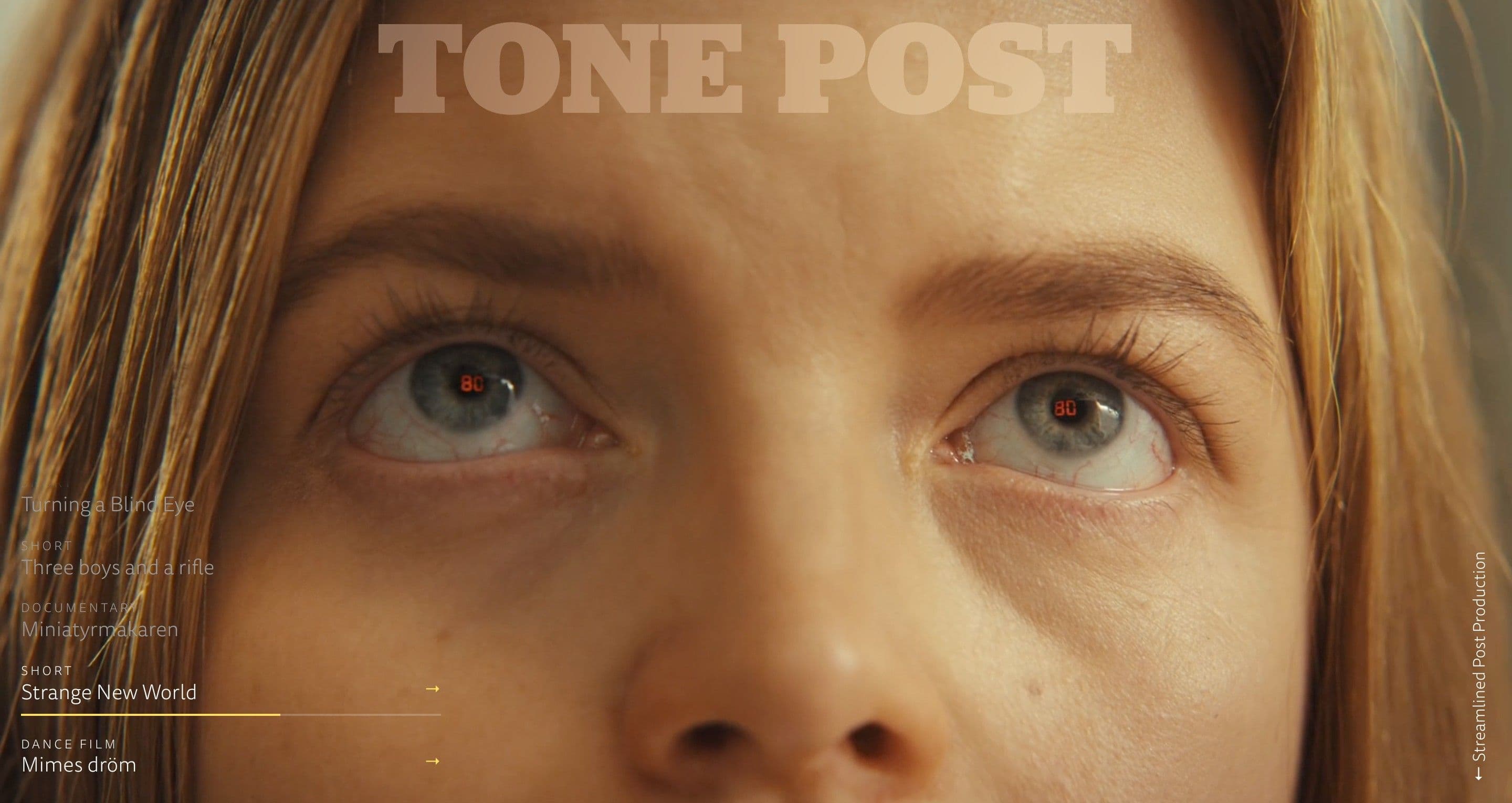The home page on tonepost.se, with a close-up of a woman’s eyes looking upward behind the project list