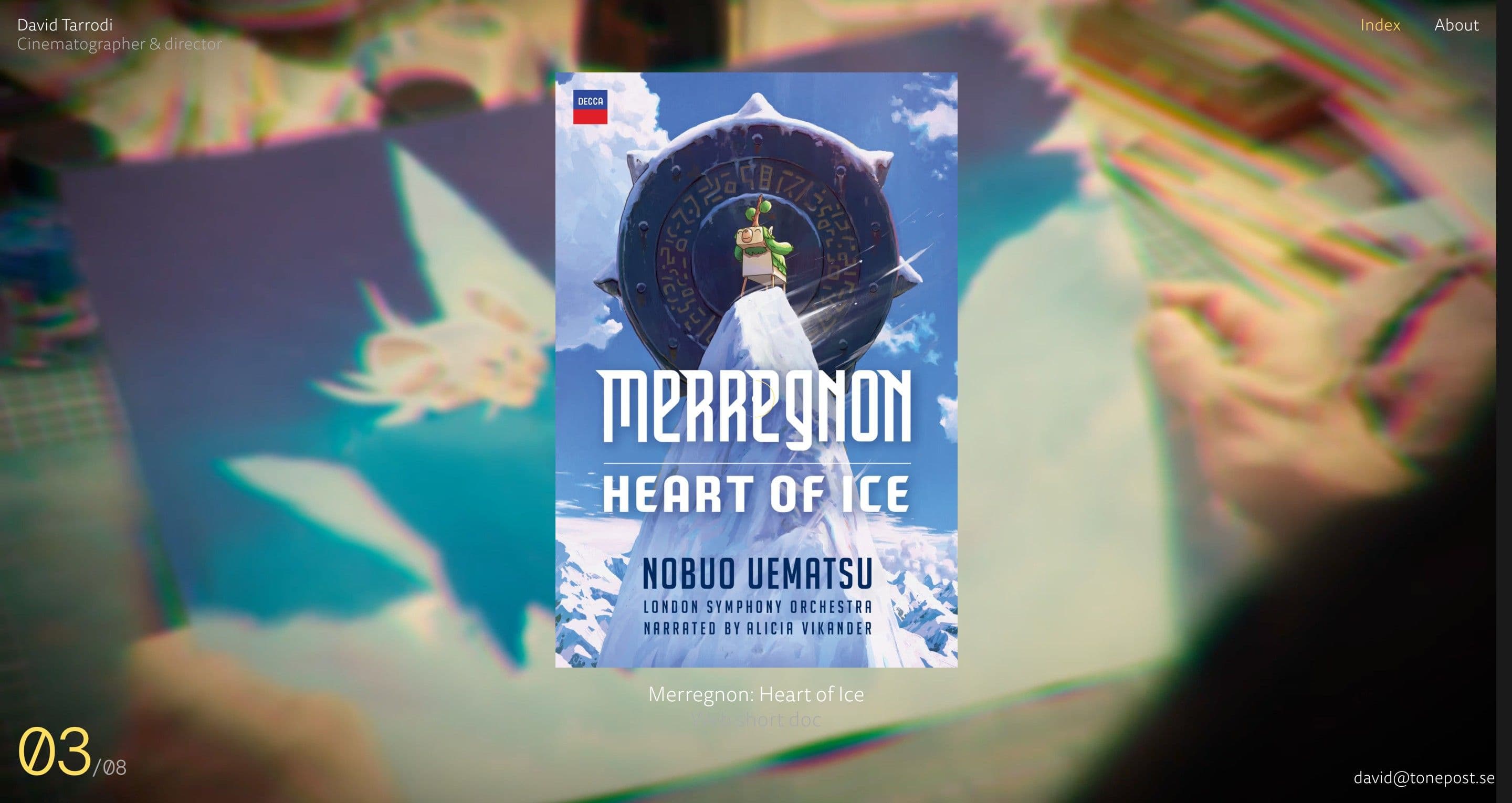 The project slider on davidtarrodi.se, the Merregnon: Heart of Ice album cover over an icy, colour-fringed backdrop