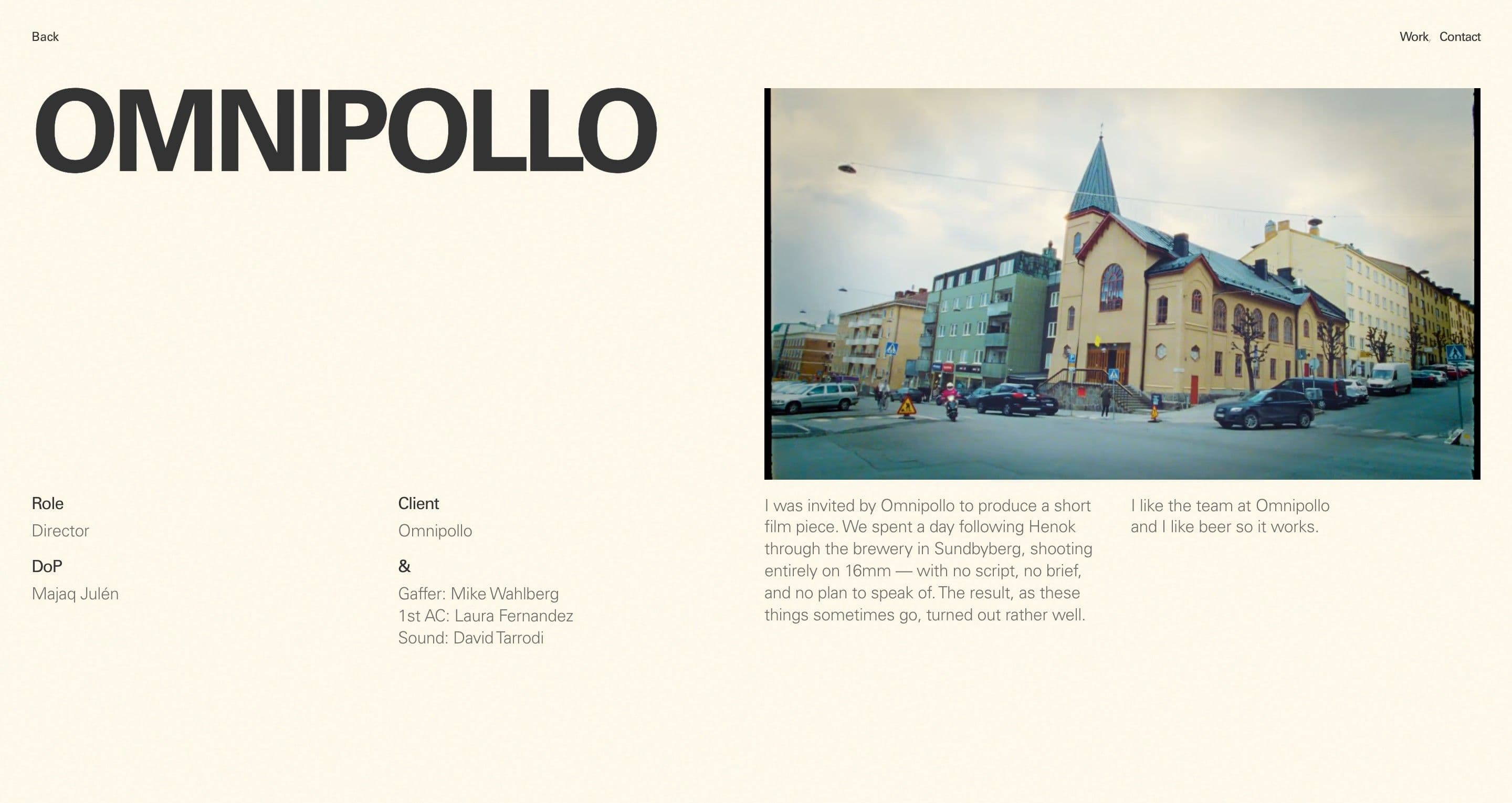 The Omnipollo case page on studiohugo.se, a film still of a church on a brewery street beside the credits