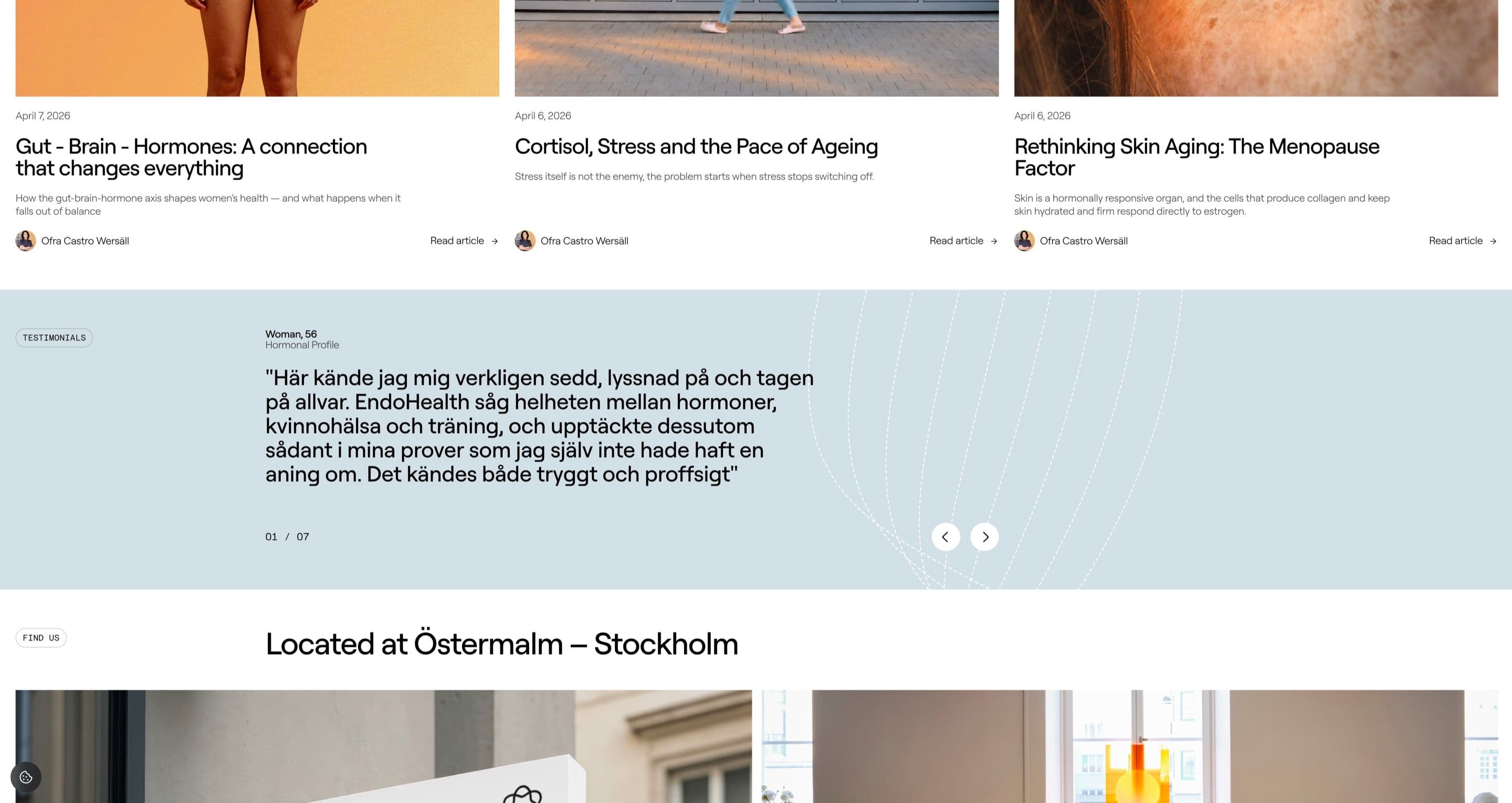 The testimonials section on endohealth.se, a quote carousel on pale blue between the latest articles and the Östermalm location
