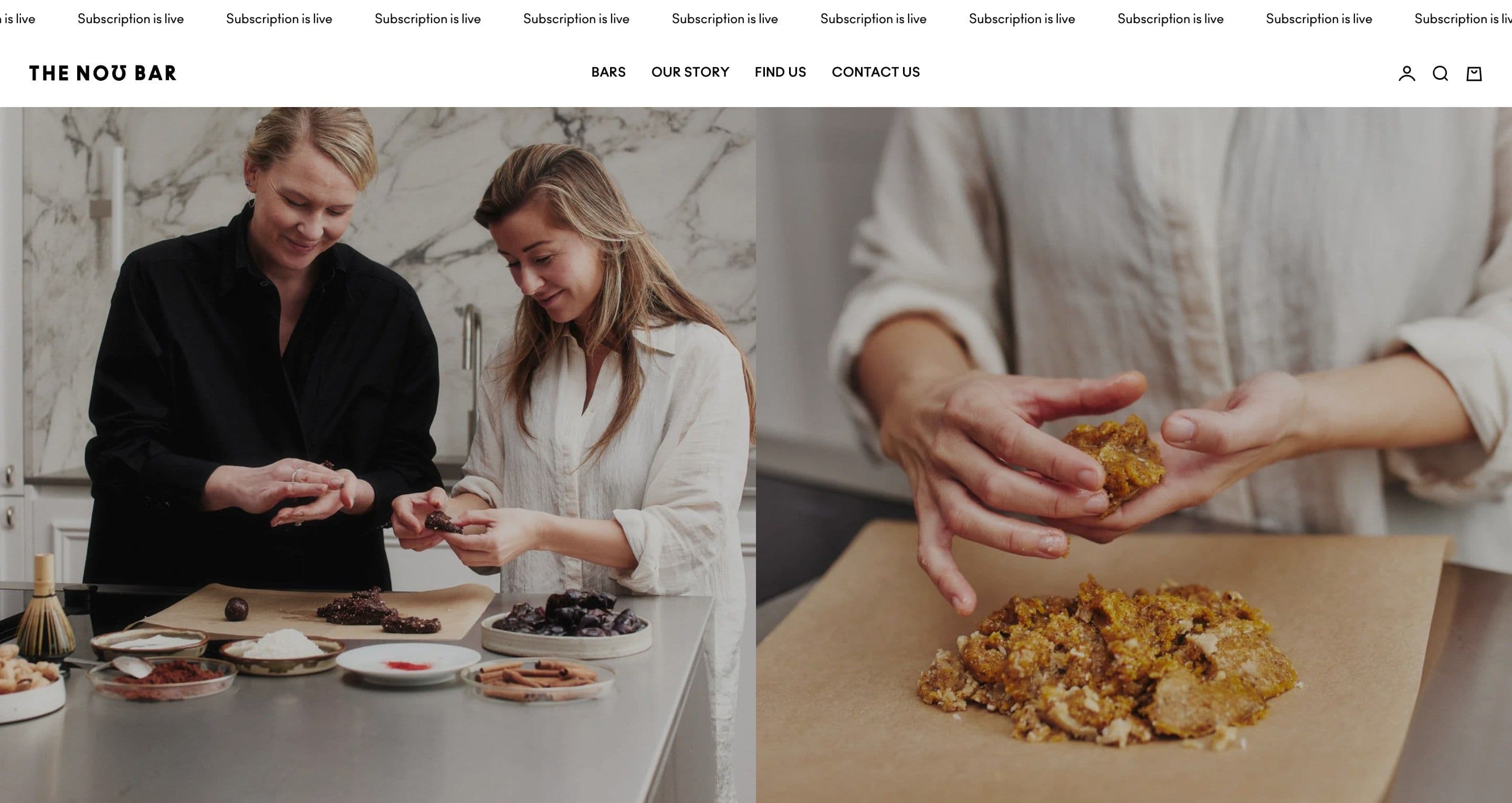 The our story page on thenobar.com, the founders hand-shaping bars from dates and nuts in a marble kitchen