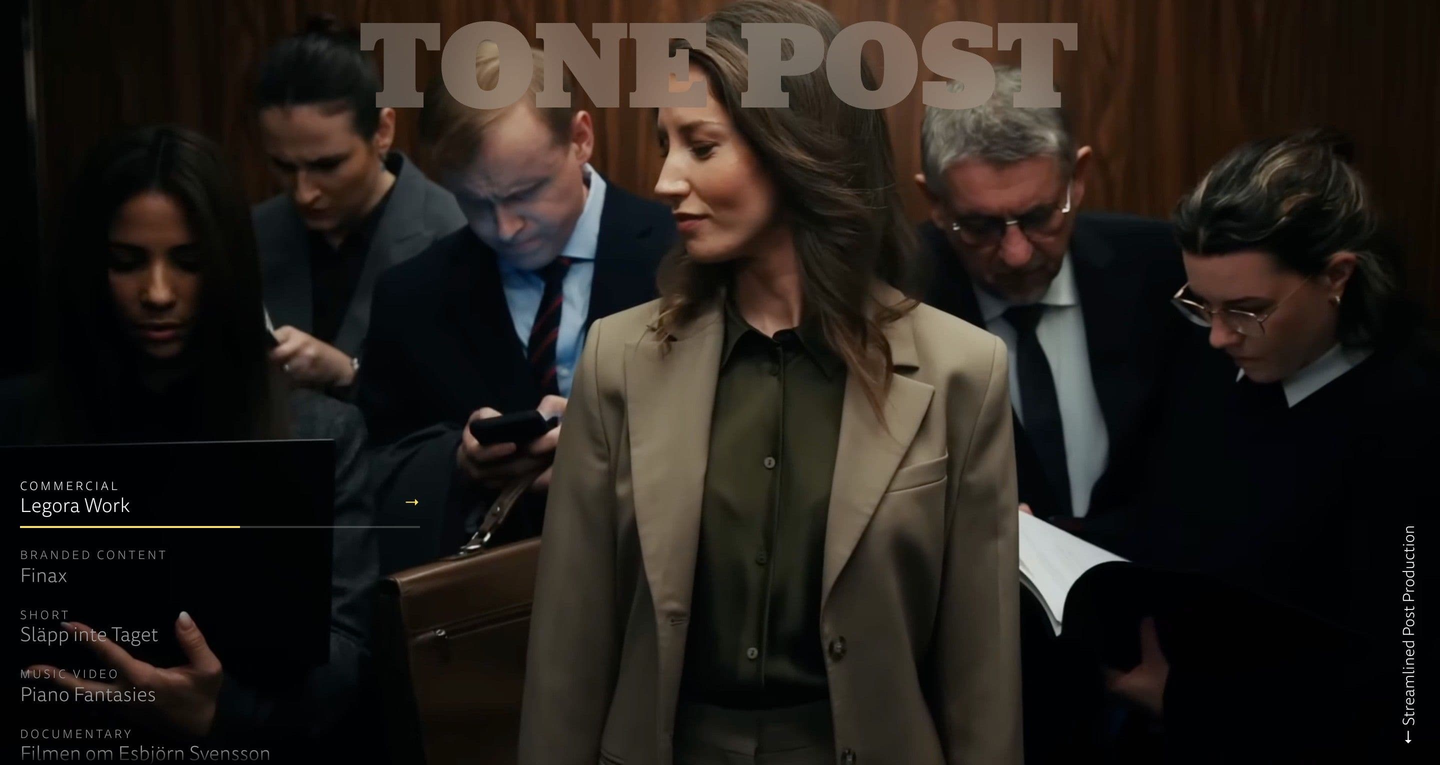 The home page on tonepost.se, with a woman among office workers in a lift from the Legora commercial behind the project list