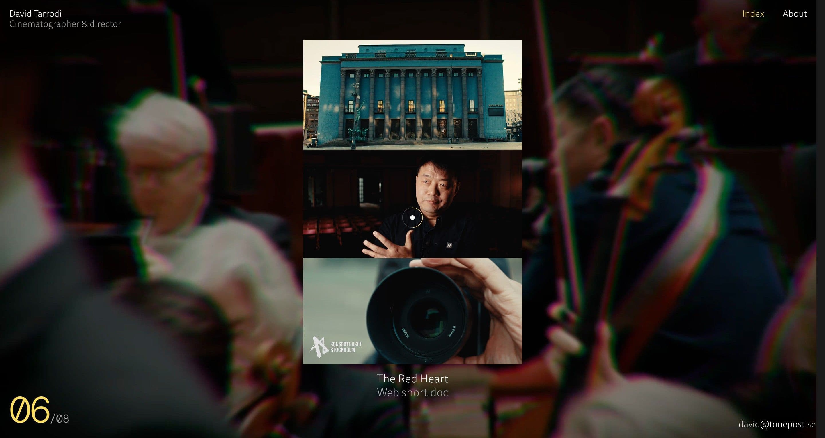 The project slider on davidtarrodi.se, stills of Stockholm Concert Hall for The Red Heart over a blurred orchestra