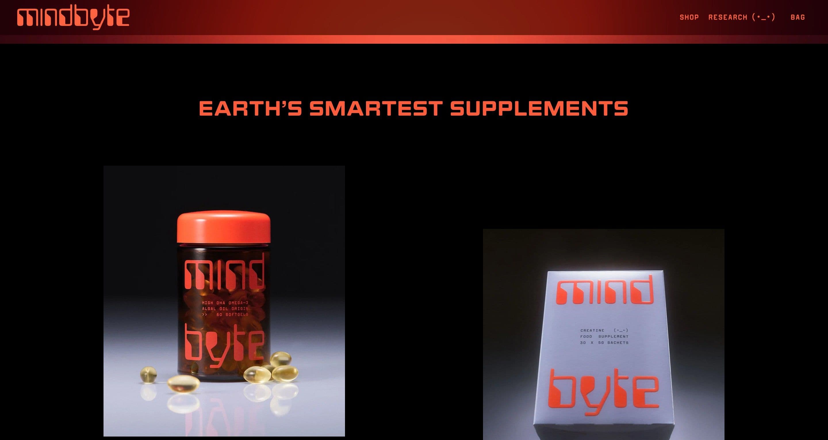 The products section on mindbyte.com, the omega-3 jar and white creatine box under earth’s smartest supplements