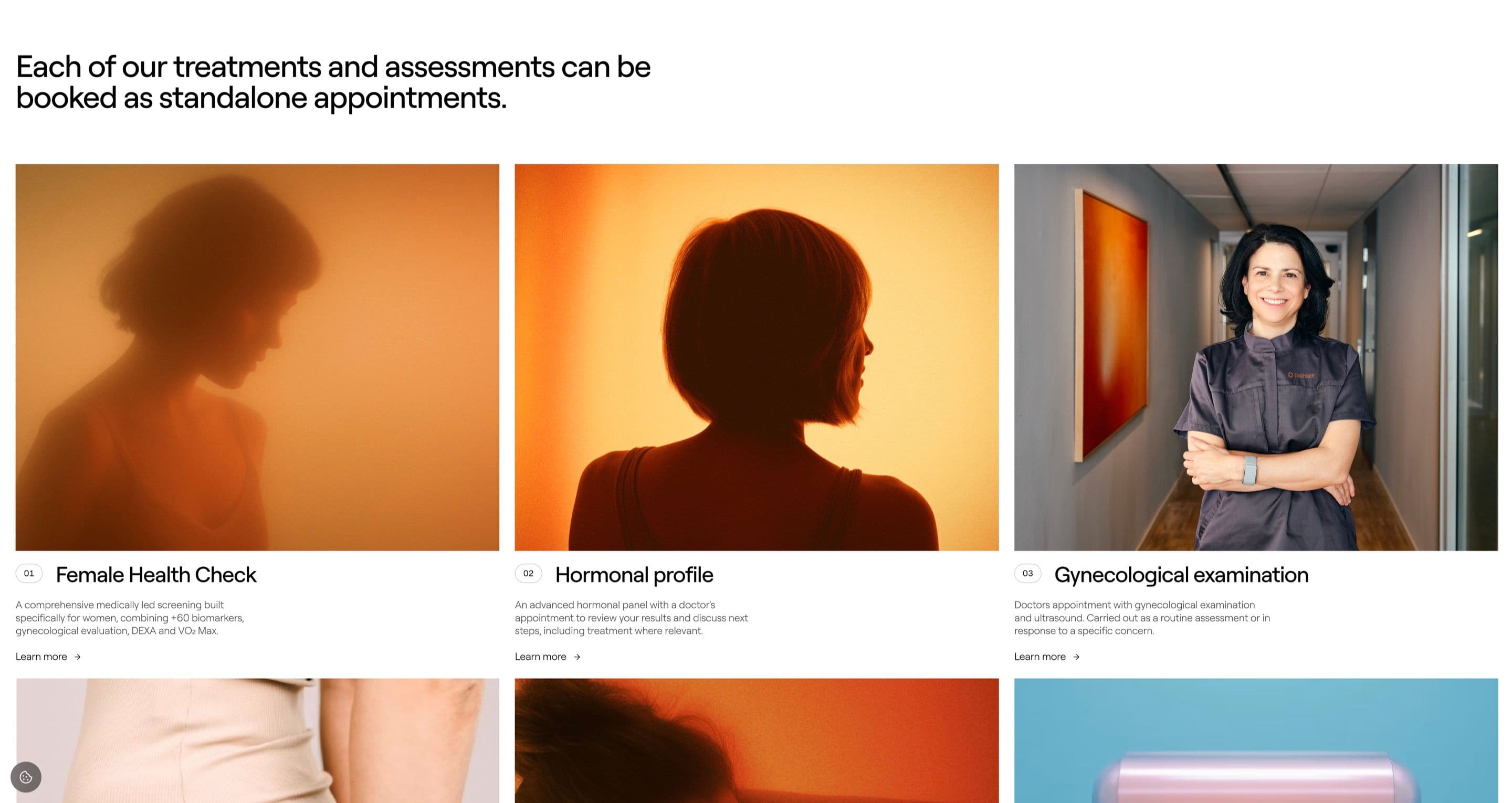 The treatments page on endohealth.se, a grid of numbered treatment cards with warm photos and learn-more links