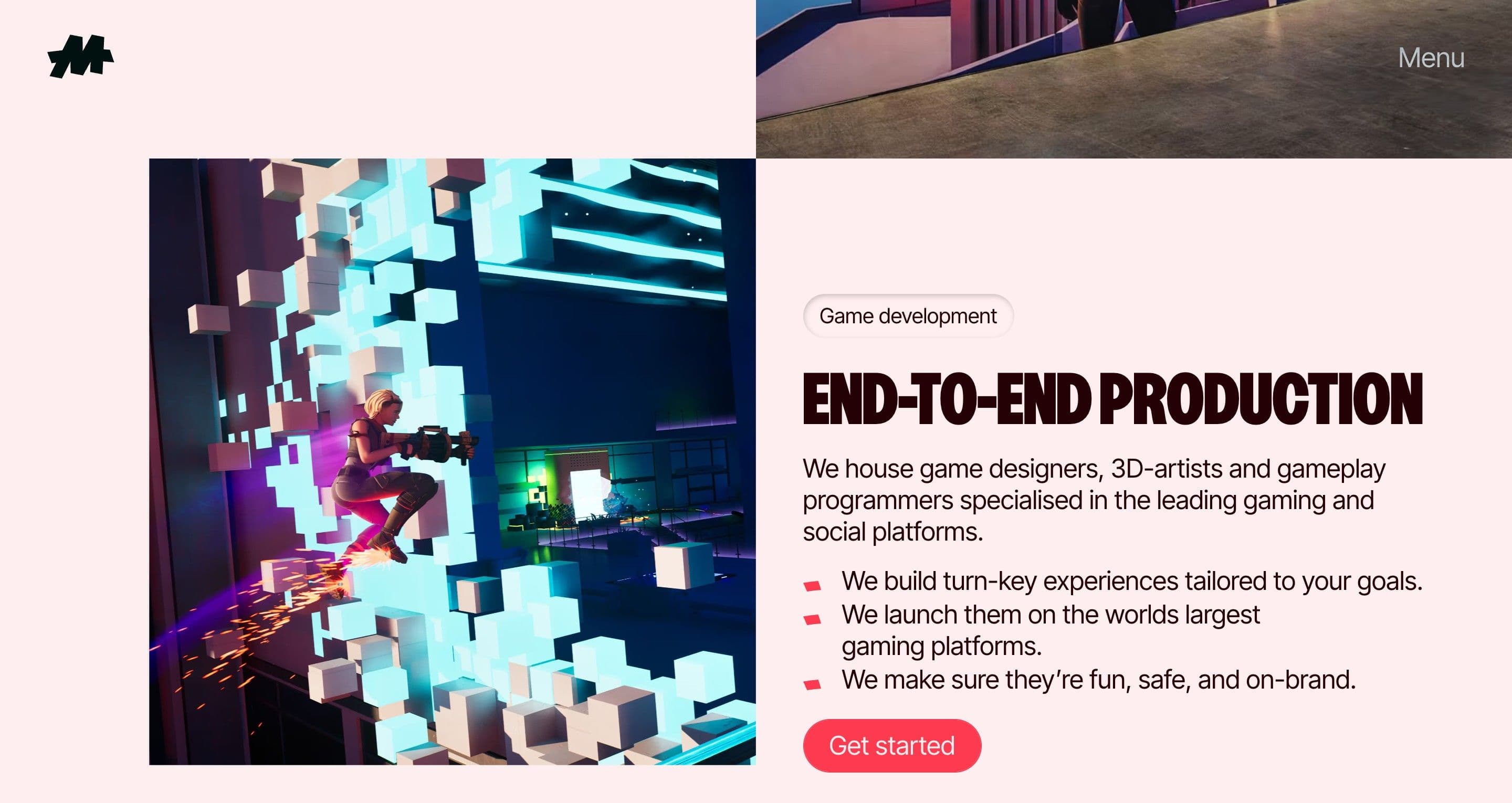 The production section on maddox.gg, a Fortnite character bursting through glowing cubes