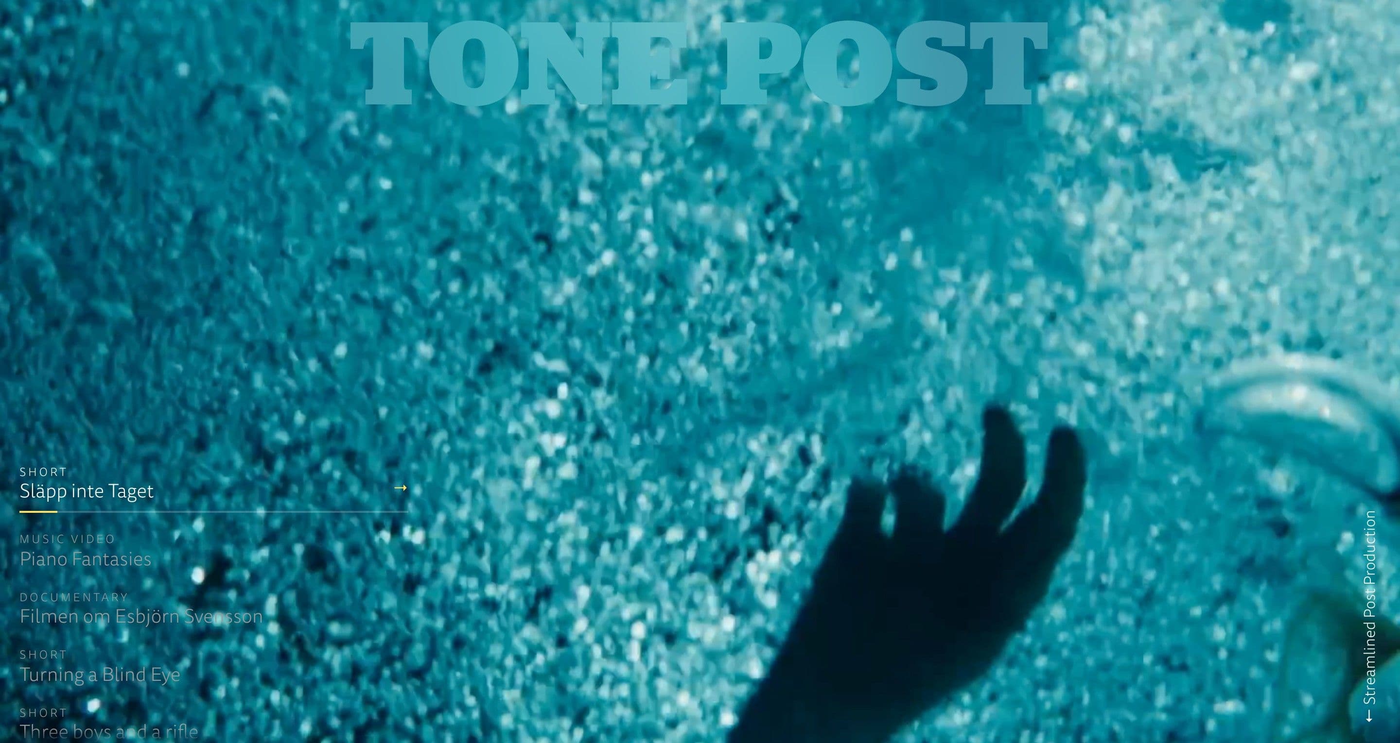 The home page on tonepost.se, with a hand reaching through sparkling blue water behind the project list