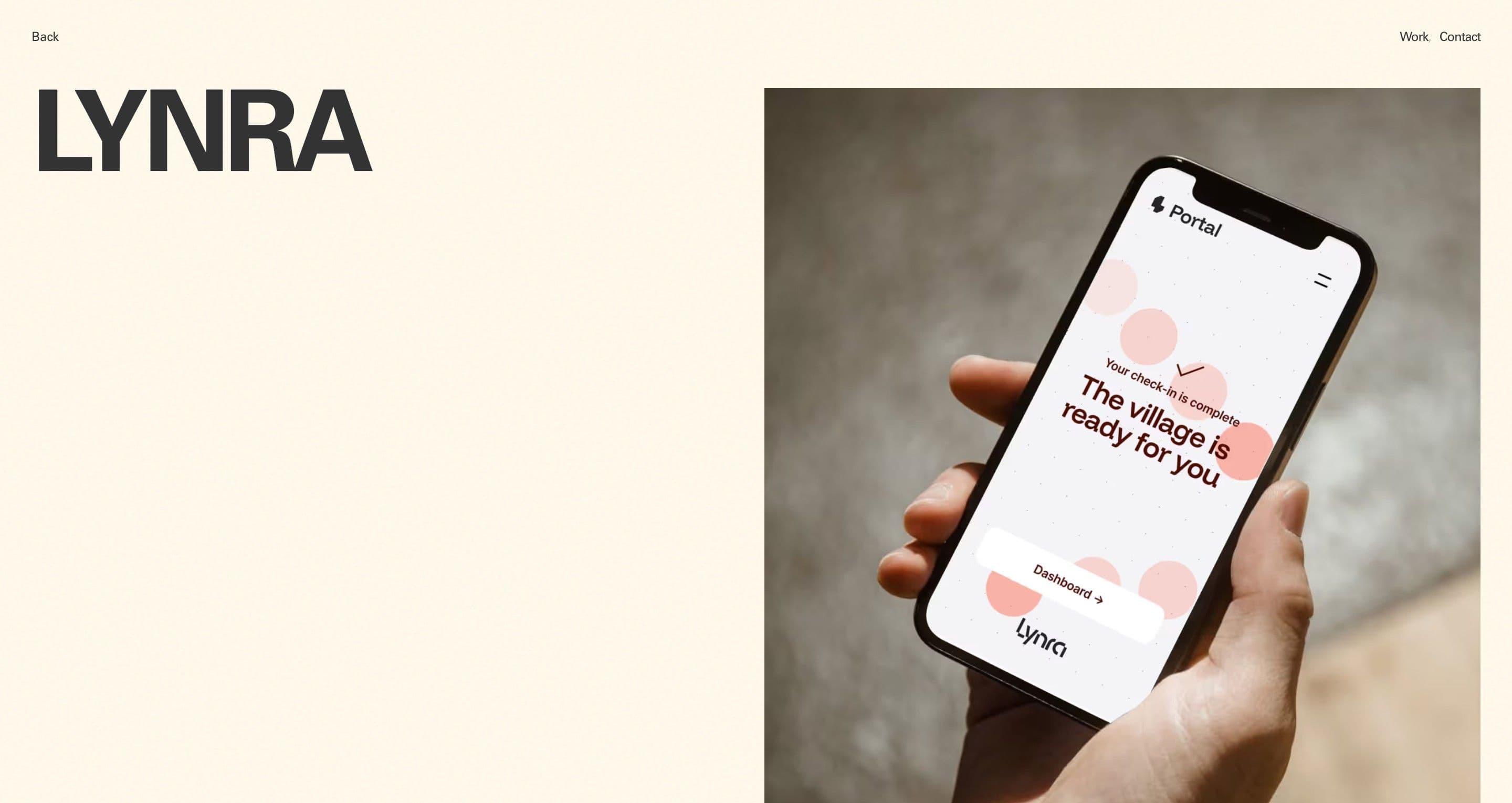 The Lynra case page on studiohugo.se, a hand holding a phone with the village is ready for you on screen