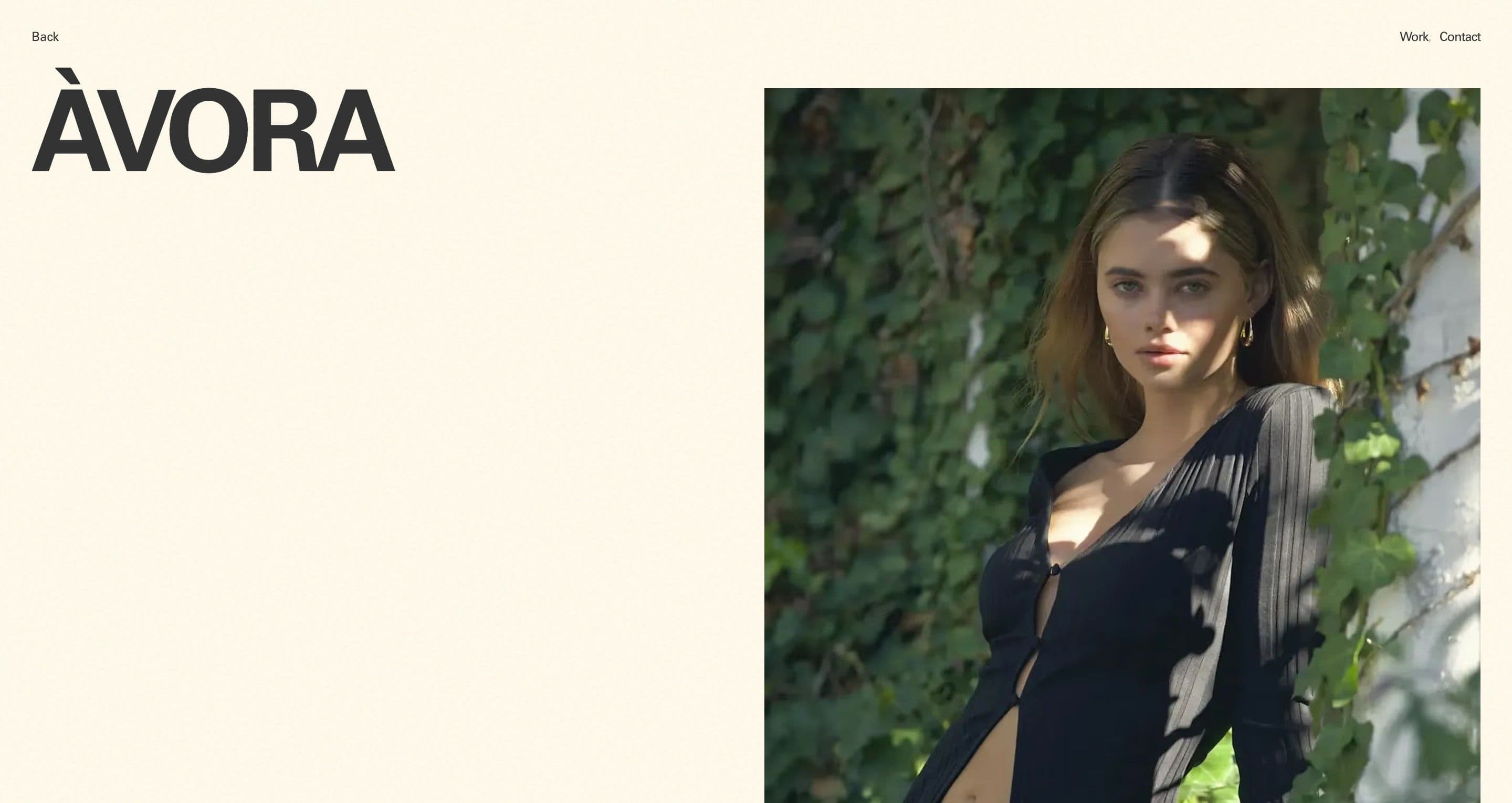 The Àvora case page on studiohugo.se, a large title beside a photo of a woman in black against ivy
