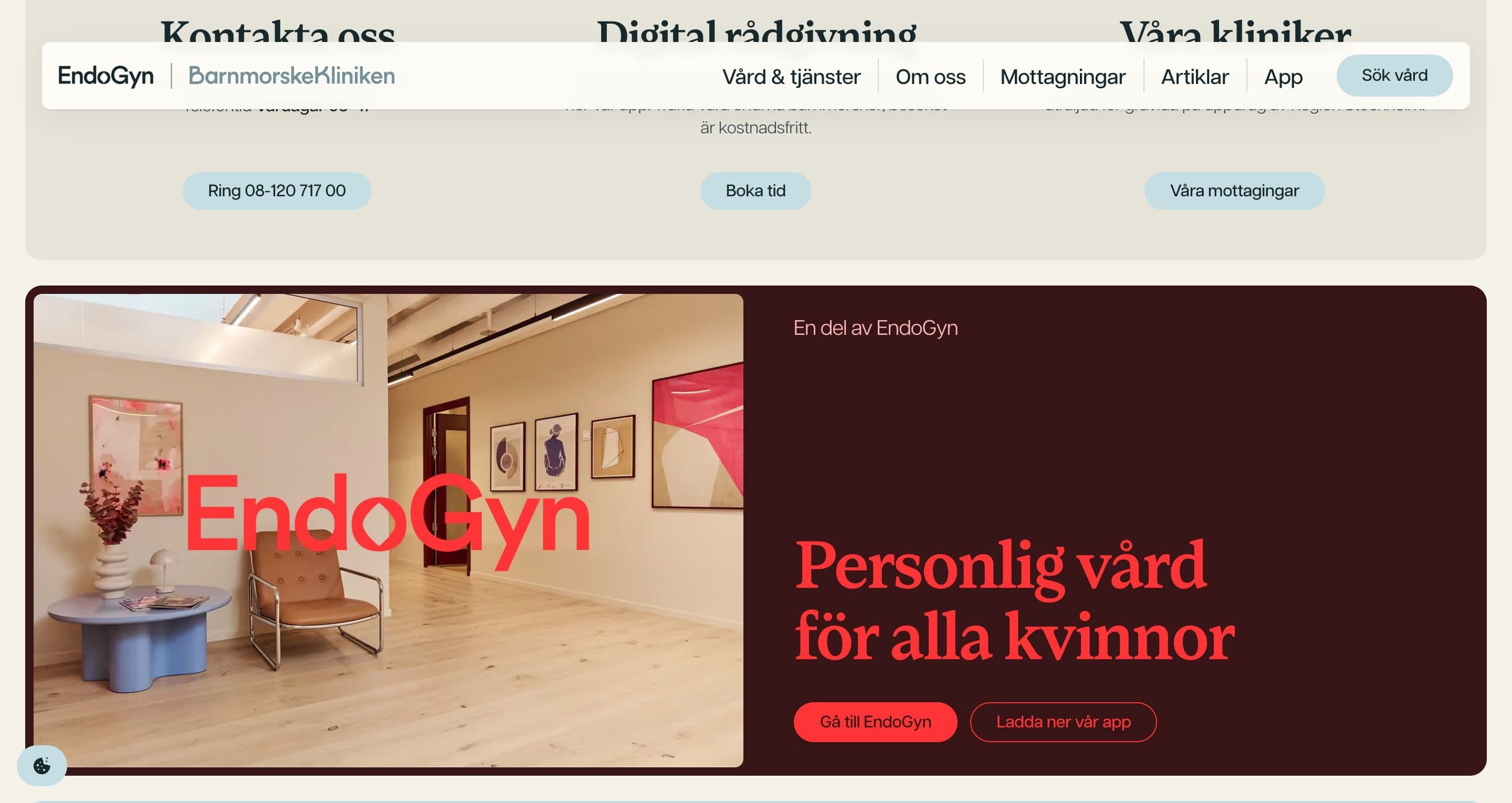 The EndoGyn section on barnmorskekliniken.se, a bright clinic interior with the red EndoGyn logo beside a burgundy panel