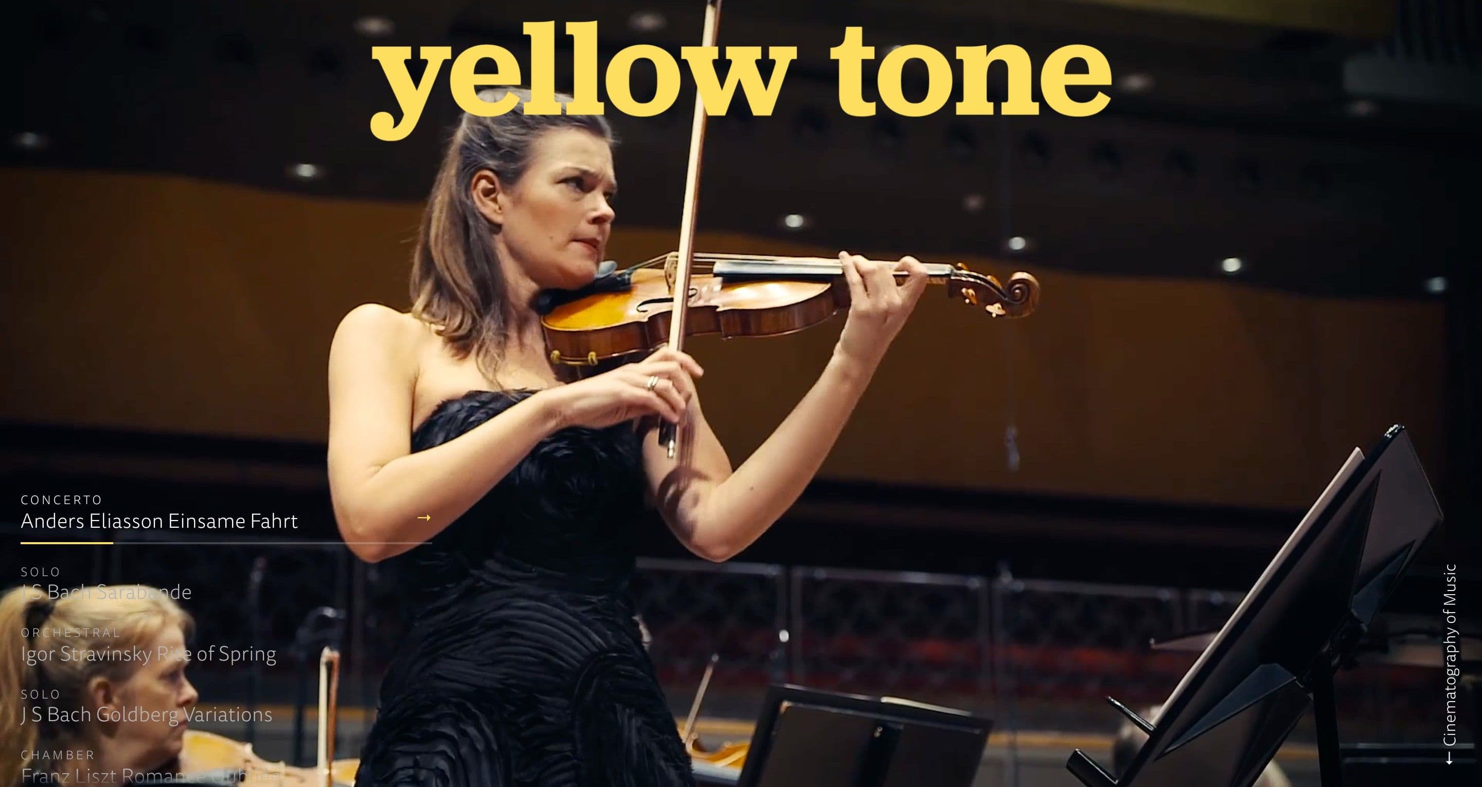 The home page on yellowtone.se, with a violin soloist in a black dress in front of an orchestra