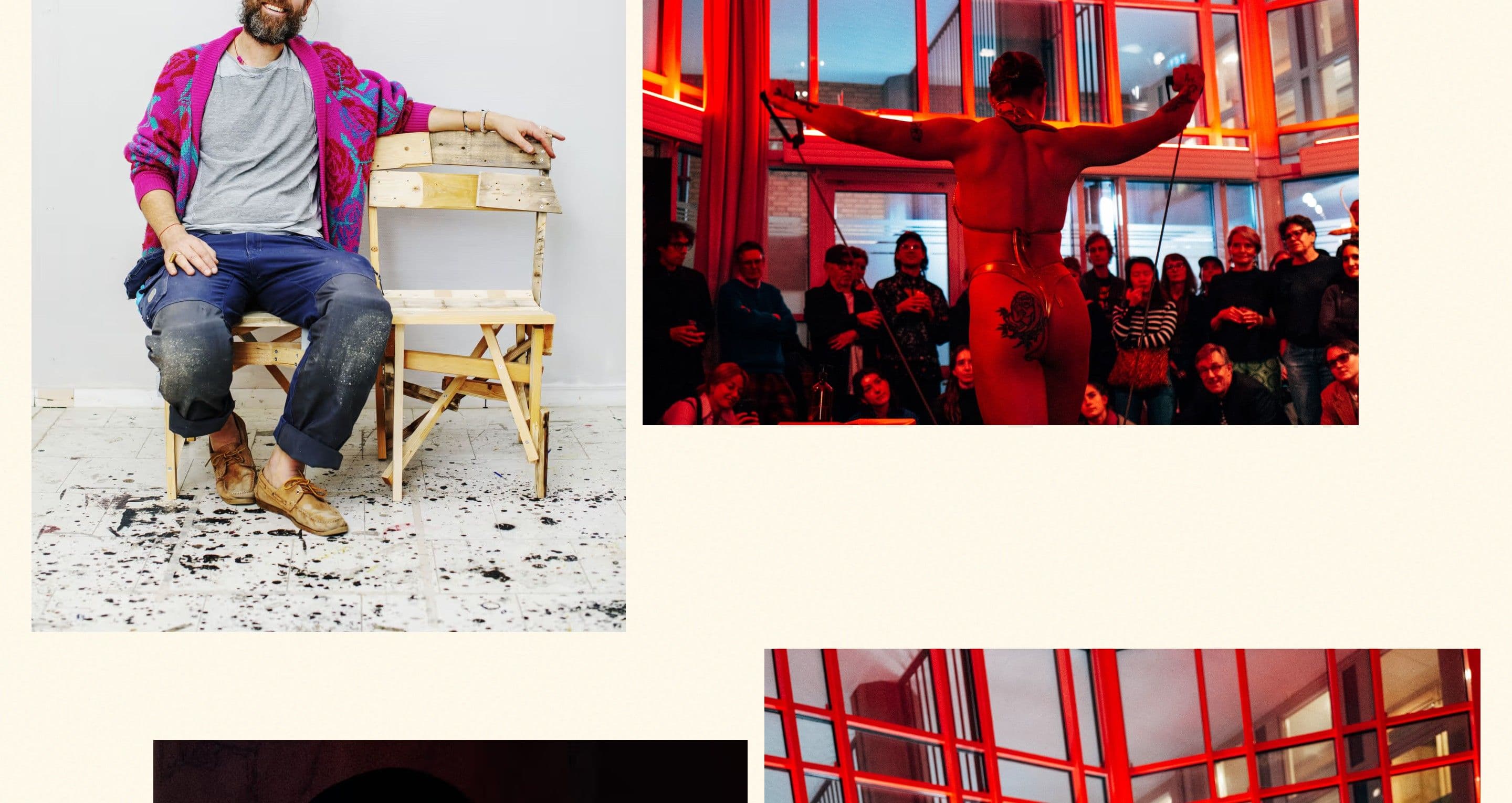 The Kulturstaden gallery on studiohugo.se, an artist on a paint-splattered chair and a performance under red light