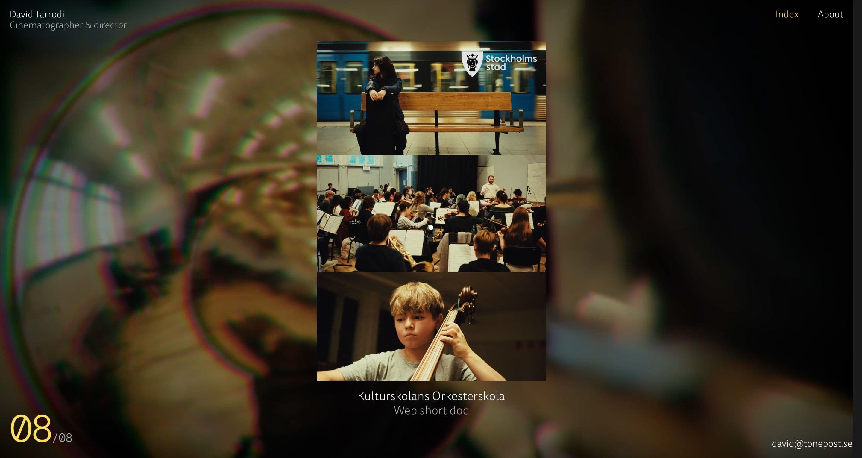 The project slider on davidtarrodi.se, stills of young musicians for Kulturskolans Orkesterskola over a blurred instrument