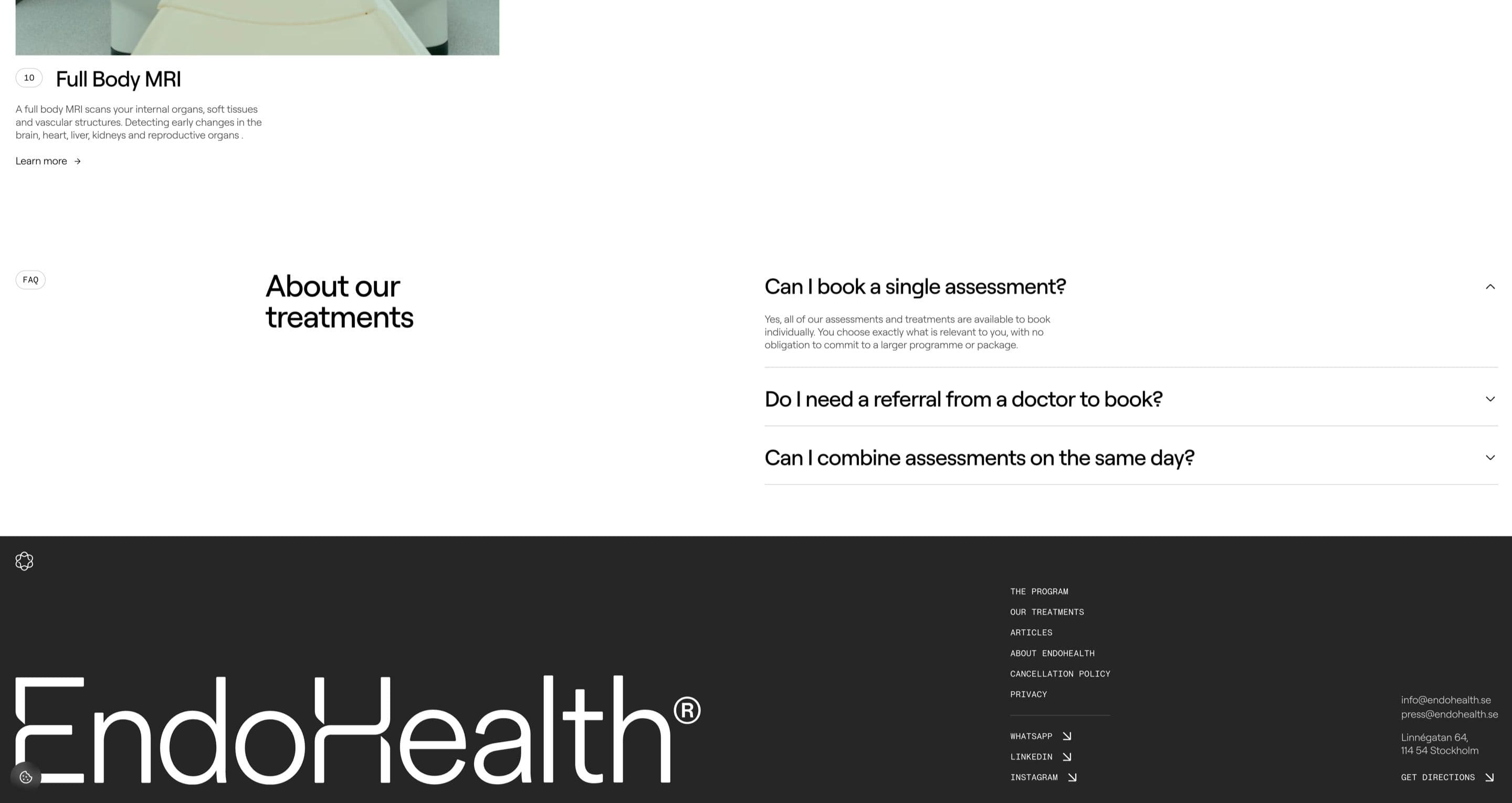 The end of the treatments page on endohealth.se, with the full body MRI card, an FAQ and the dark footer with the large wordmark