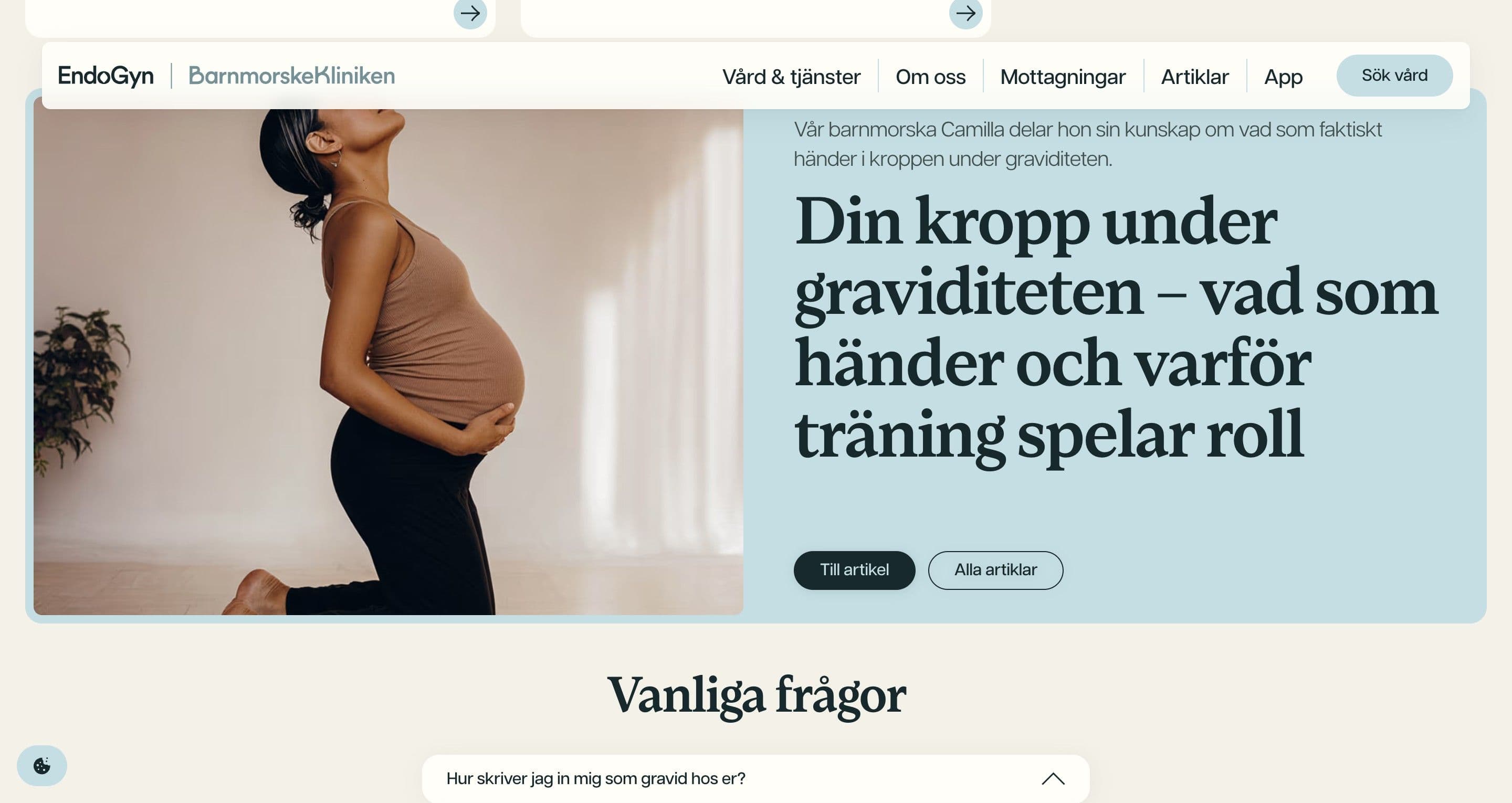 An article teaser on barnmorskekliniken.se, a pregnant woman stretching beside a pale blue panel about training during pregnancy
