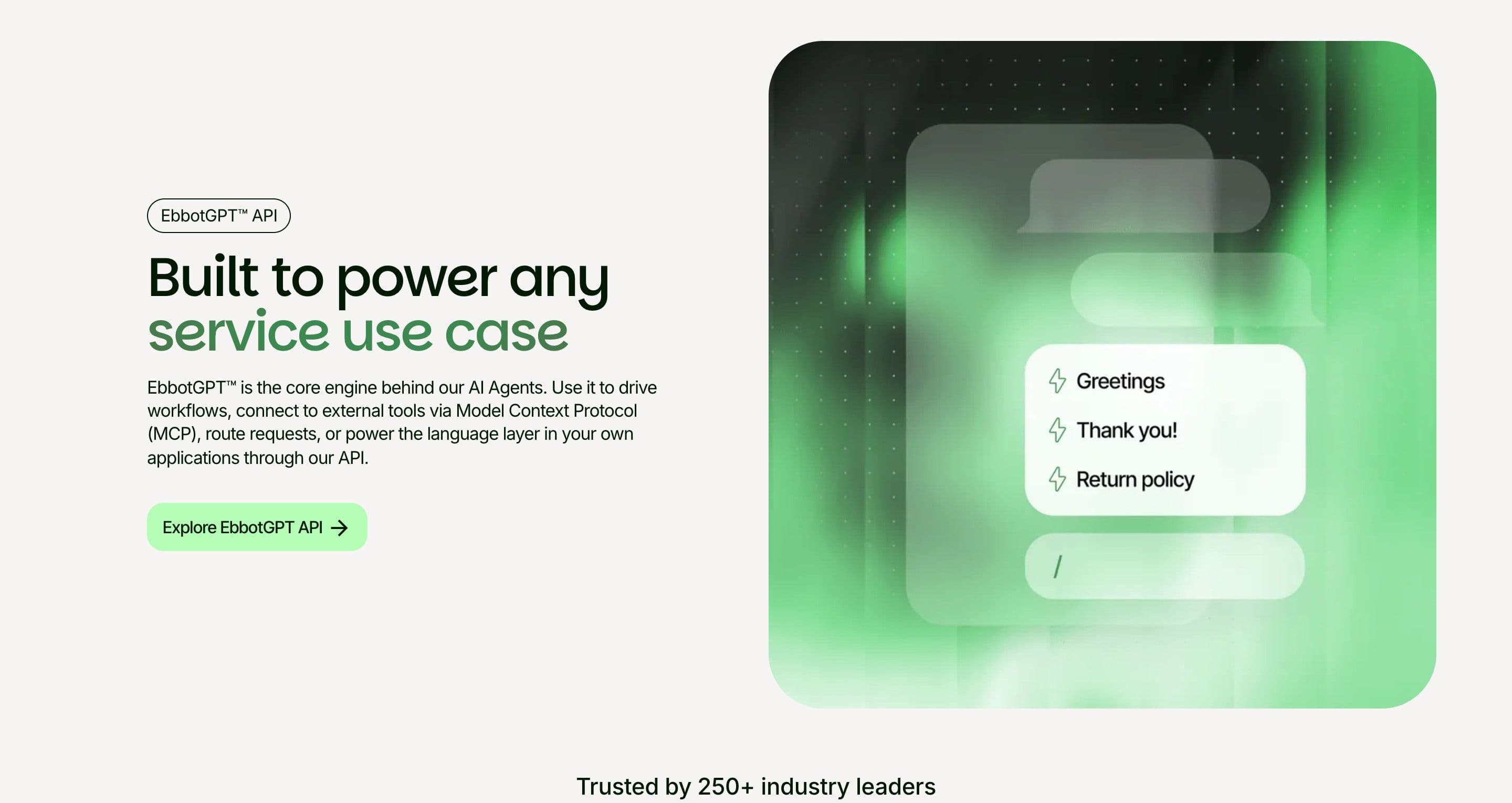 The EbbotGPT page on ebbot.com, a chat card with greetings and return policy over a green blur