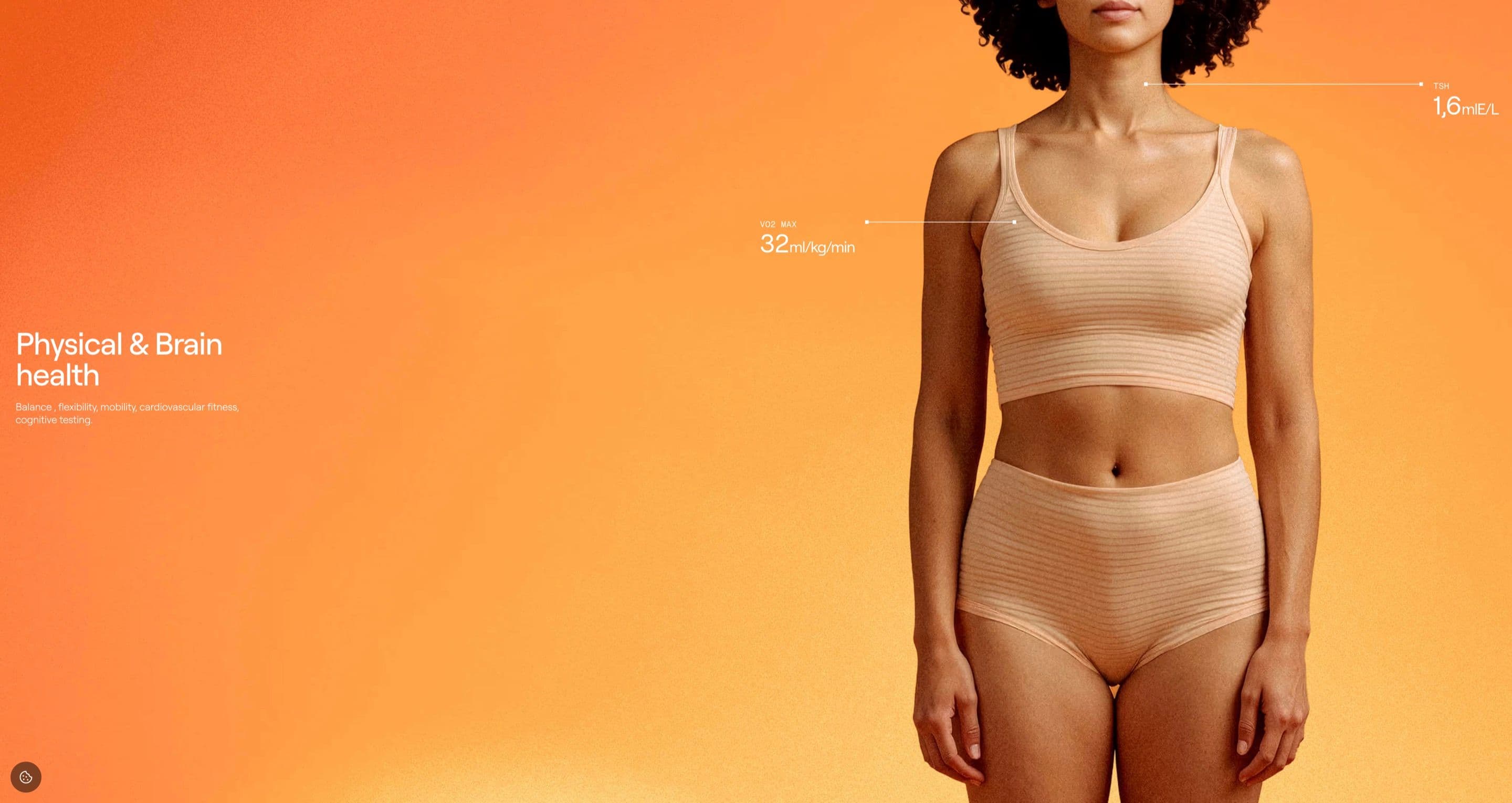The physical and brain health section on endohealth.se, a woman on an orange gradient annotated with VO2 max and TSH values
