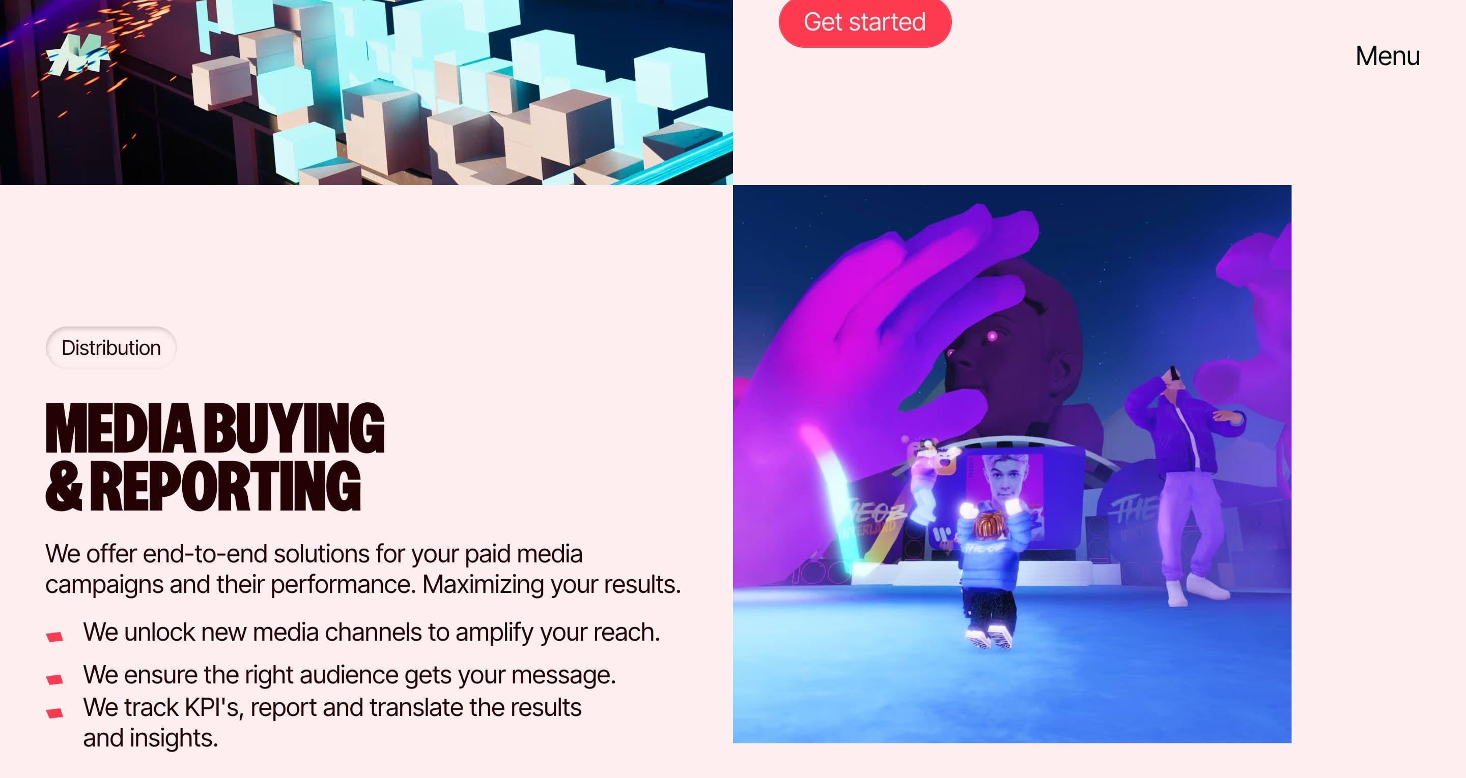 The media buying section on maddox.gg, a Roblox concert with neon hands and avatars