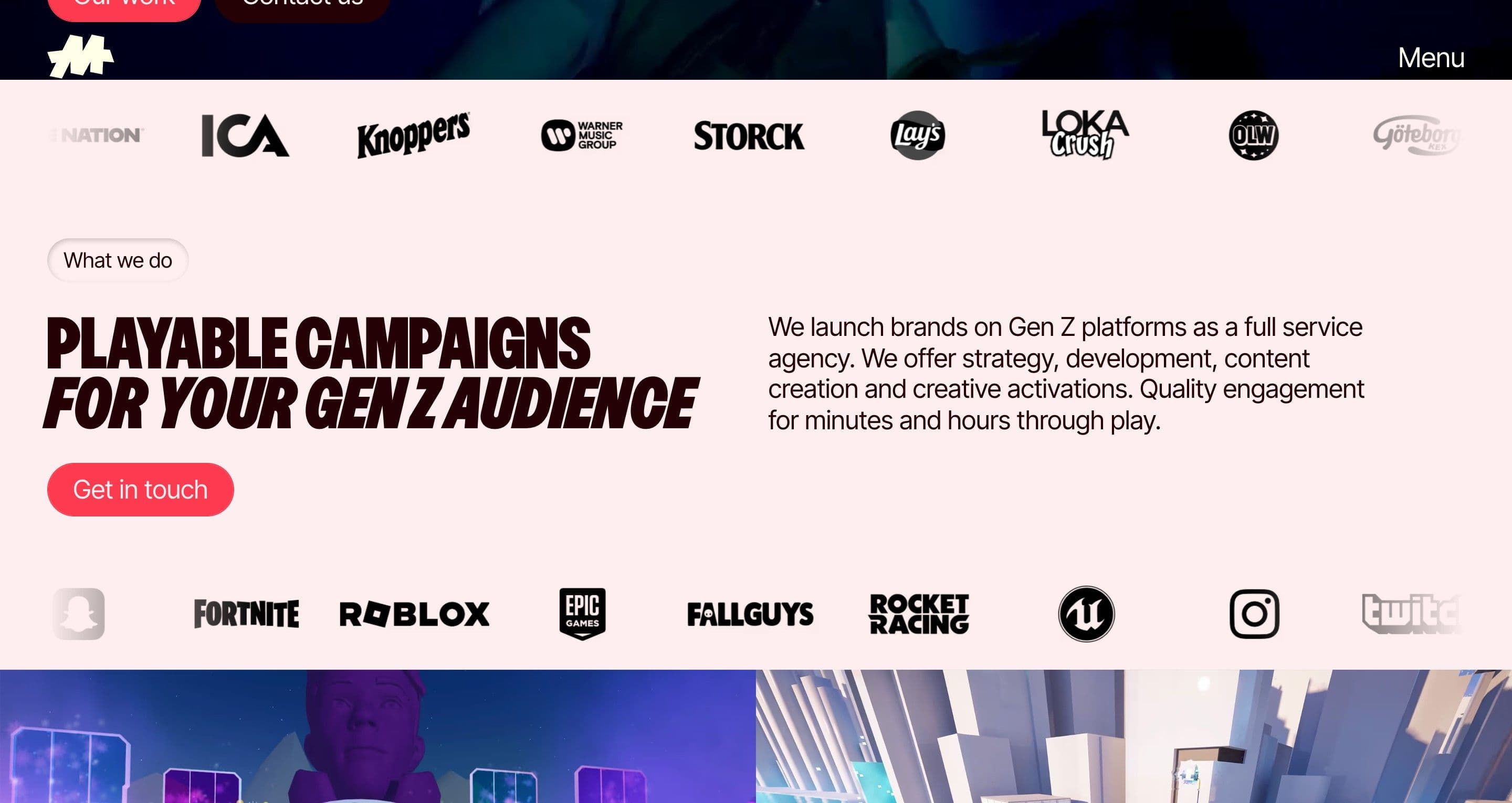 The what-we-do section on maddox.gg, the headline playable campaigns for your Gen Z audience between brand and platform logos