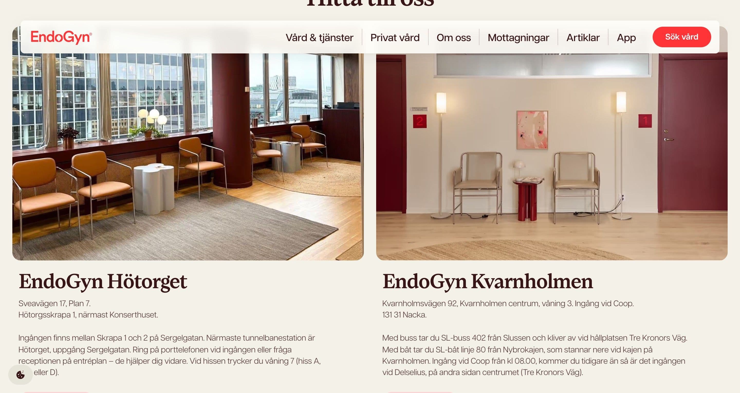 The clinics page on endogyn.se, the waiting rooms at Hötorget and Kvarnholmen with burgundy walls and orange chairs