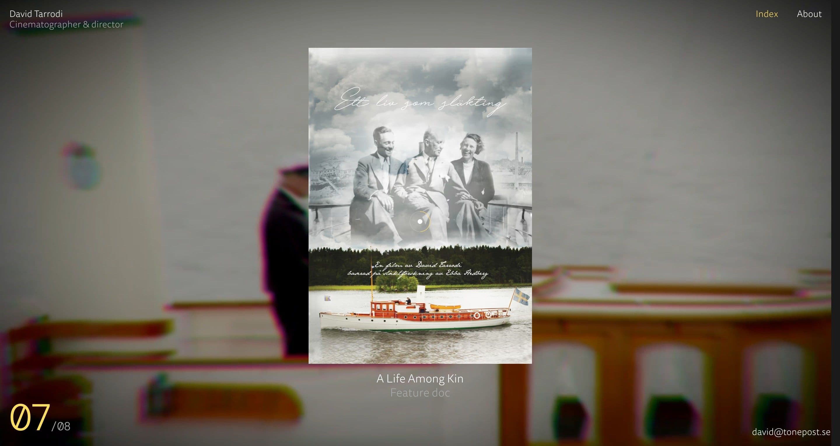 The project slider on davidtarrodi.se, a vintage family photo poster for A Life Among Kin over a blurred steamboat