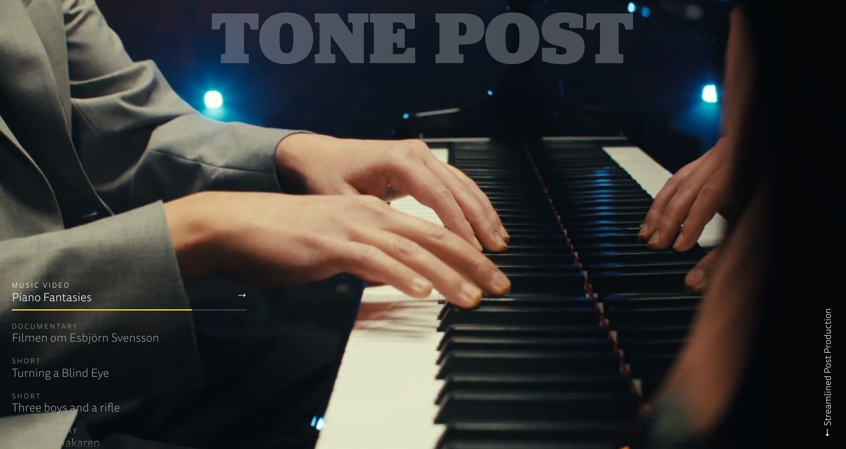 The home page on tonepost.se, with hands on a piano keyboard from the Piano Fantasies music video