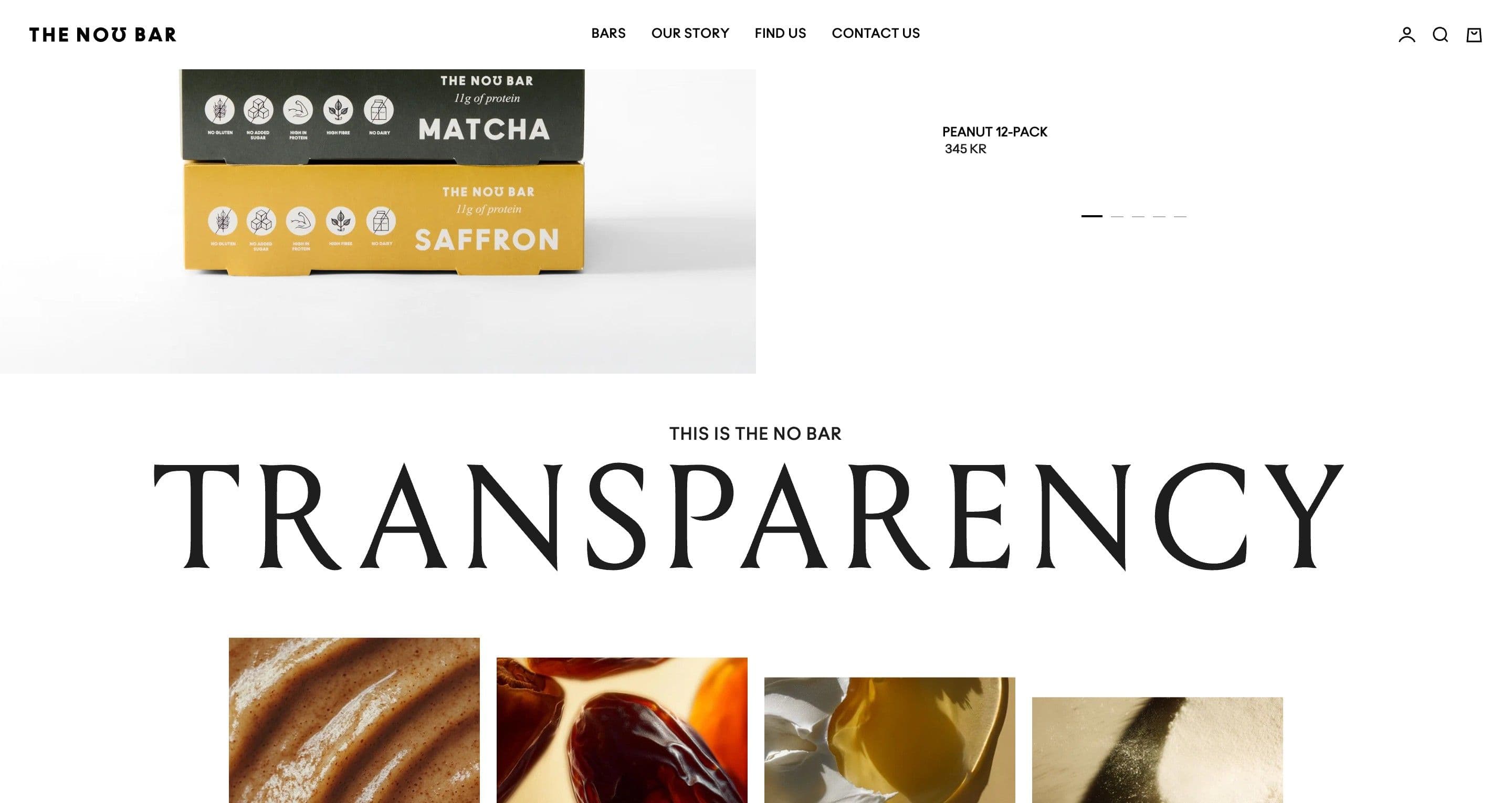 The transparency section on thenobar.com, matcha and saffron boxes above a large serif headline and ingredient photos