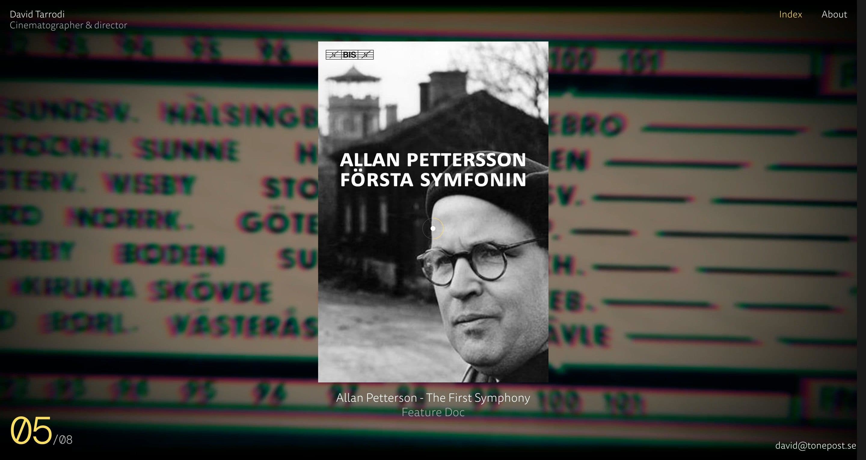 The project slider on davidtarrodi.se, the black-and-white Allan Pettersson cover over a blurred departure board