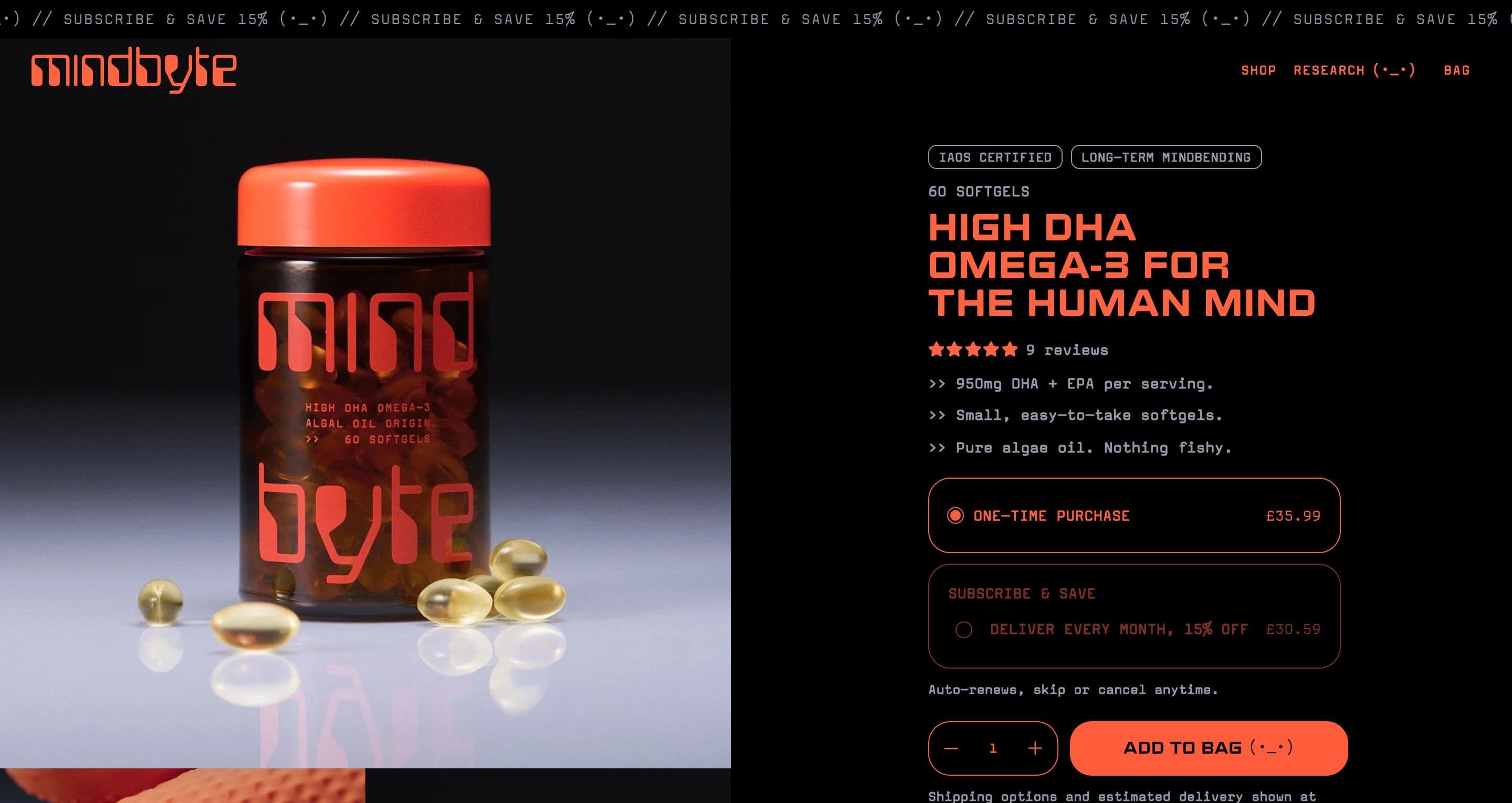 The omega-3 product page on mindbyte.com, the red capsule jar with scattered softgels beside the add-to-bag button