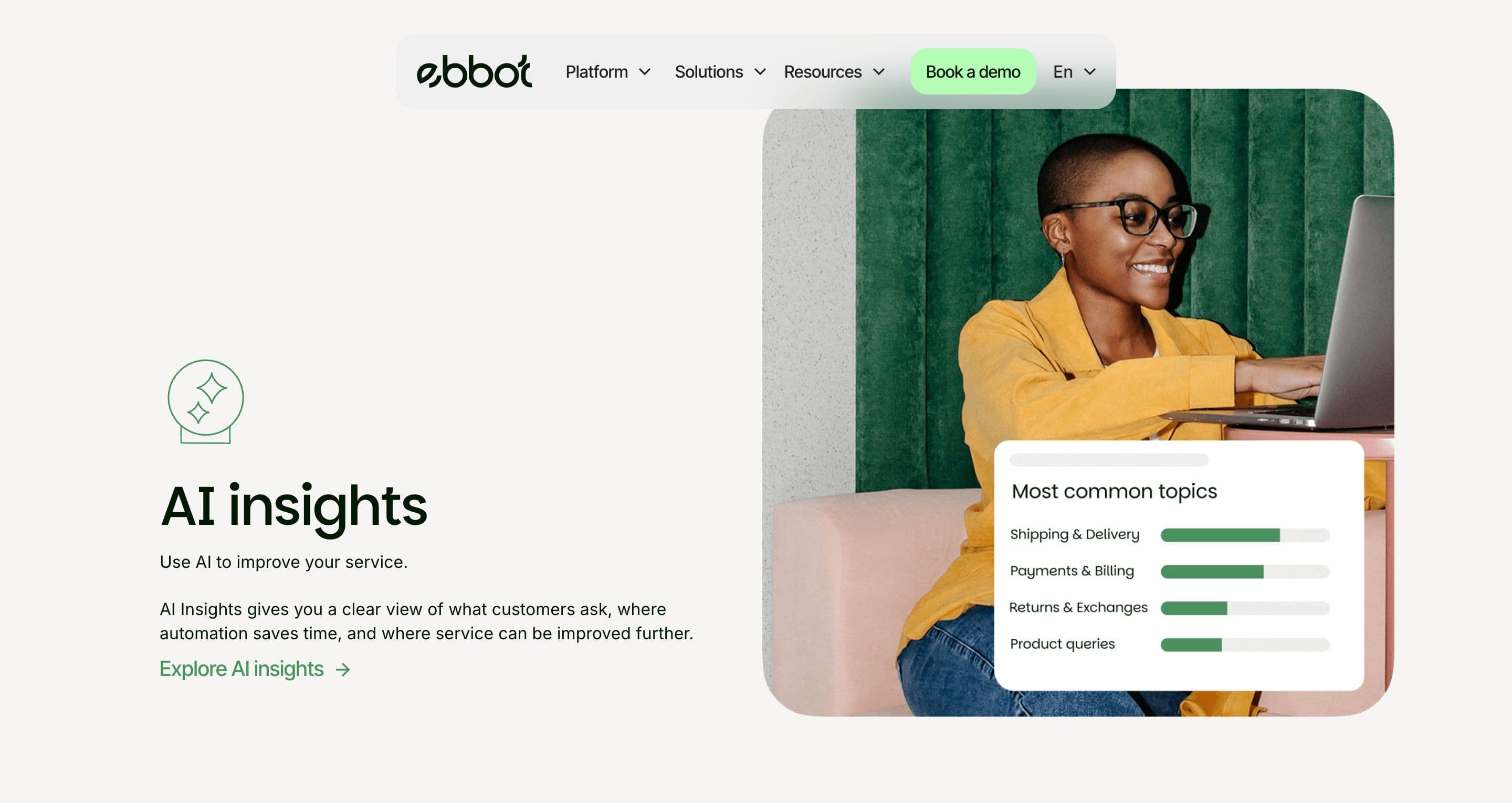The AI insights section on ebbot.com, a woman at a laptop and a most-common-topics bar chart card