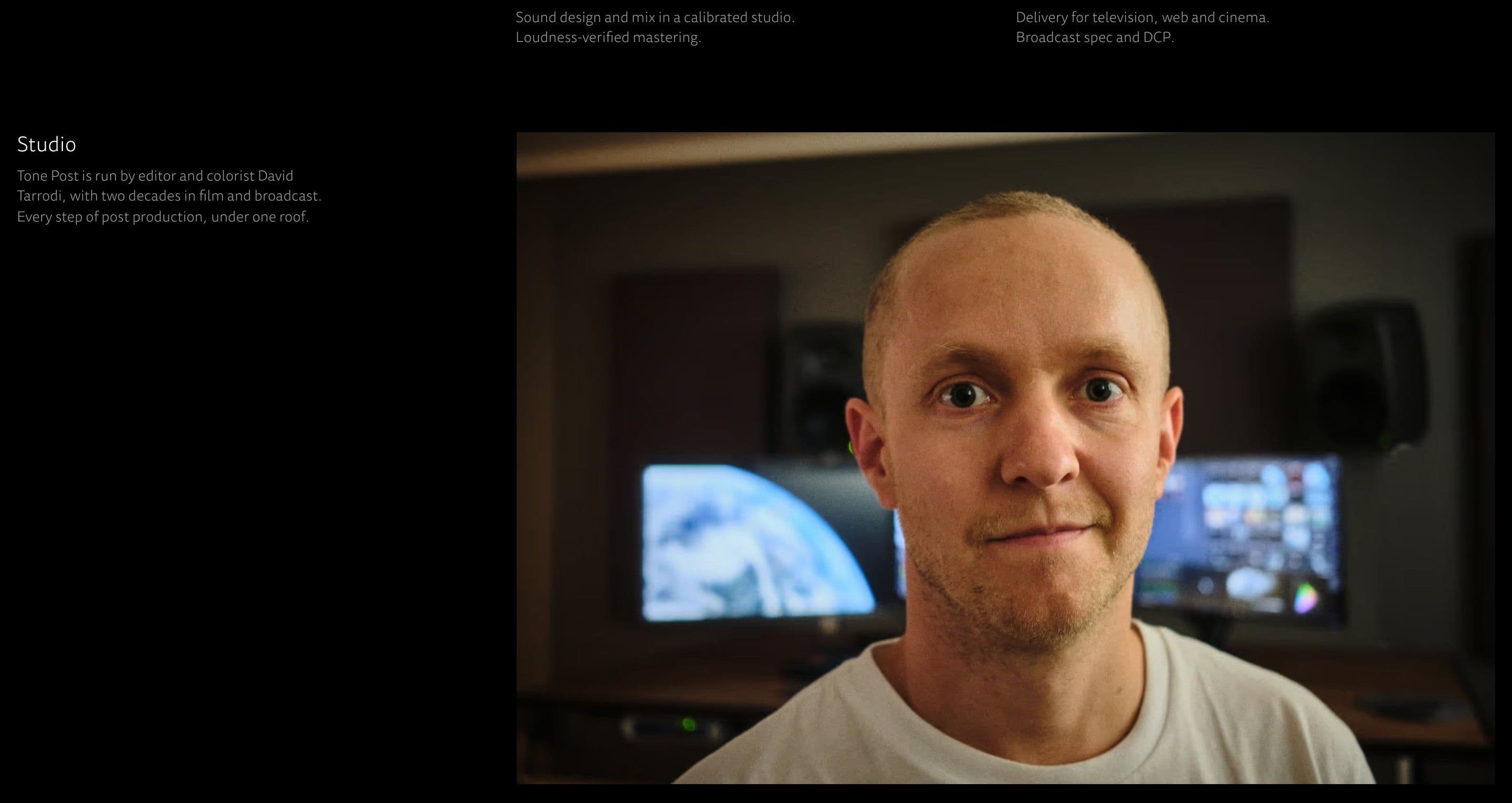 The studio section on tonepost.se, a portrait of the editor in front of grading monitors
