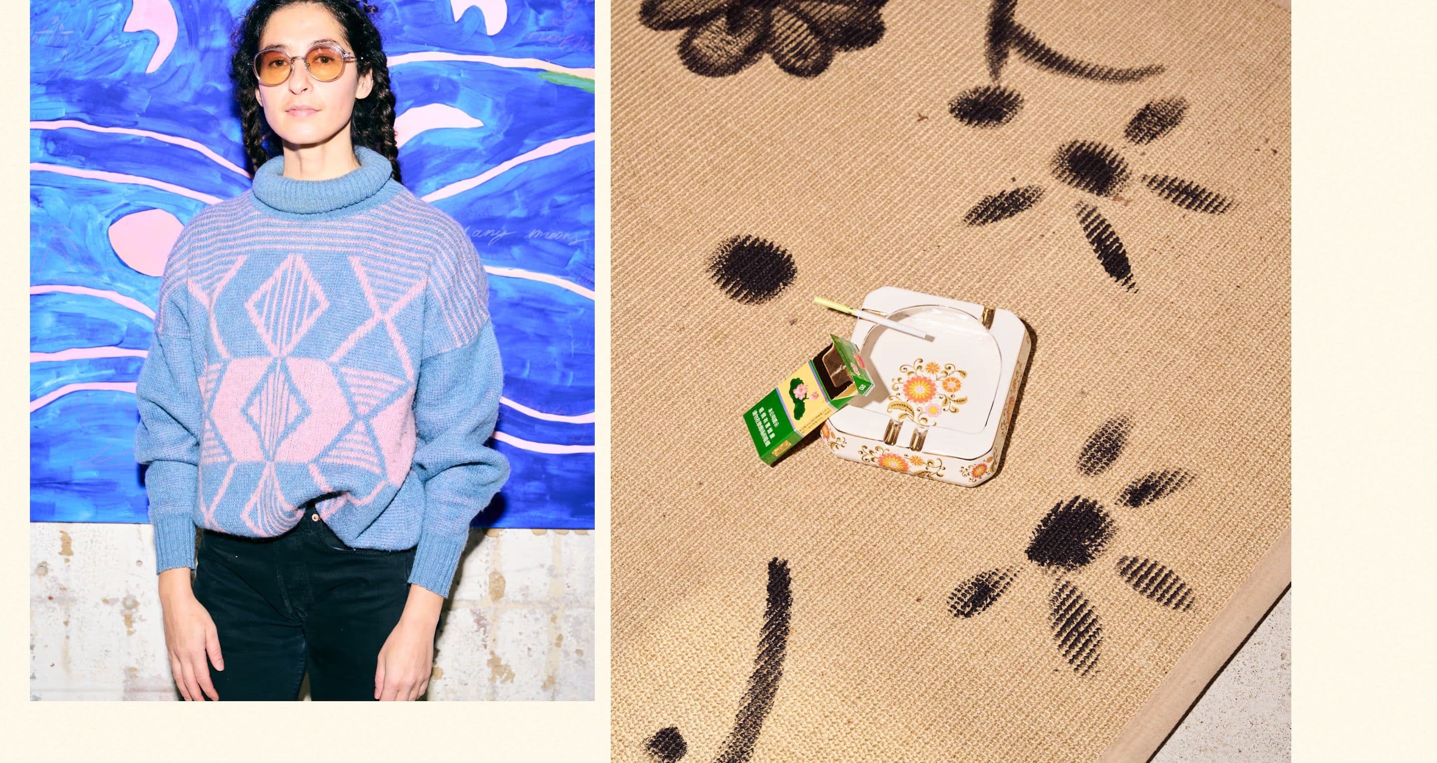 The Kulturstaden gallery on studiohugo.se, a woman in a patterned jumper and a painted floor with an ashtray